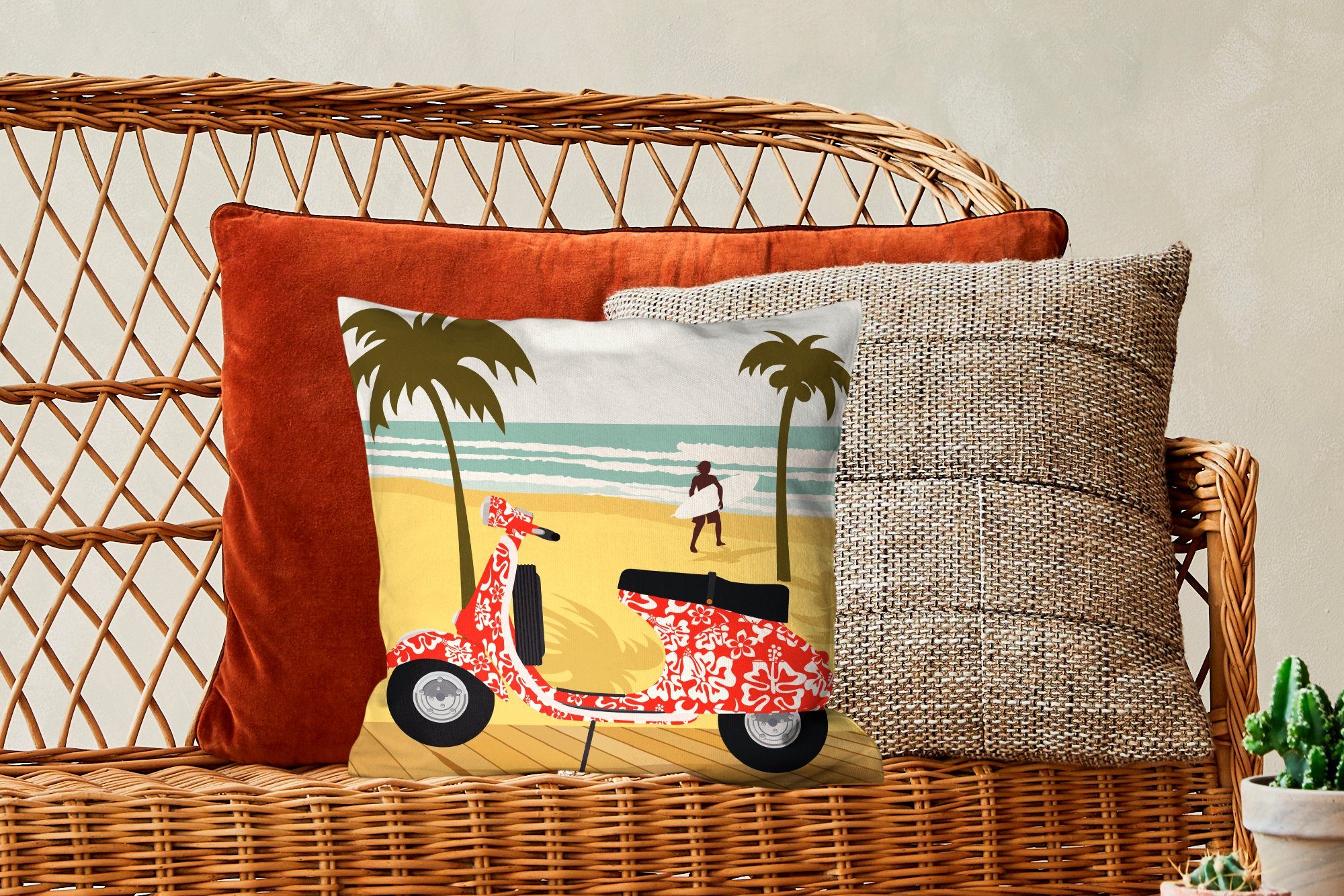 MuchoWow Dekokissen Illustration Schlafzimmer, für Füllung Wohzimmer, am mit Zierkissen Sofakissen Strand, Vespa Deko, einer roten