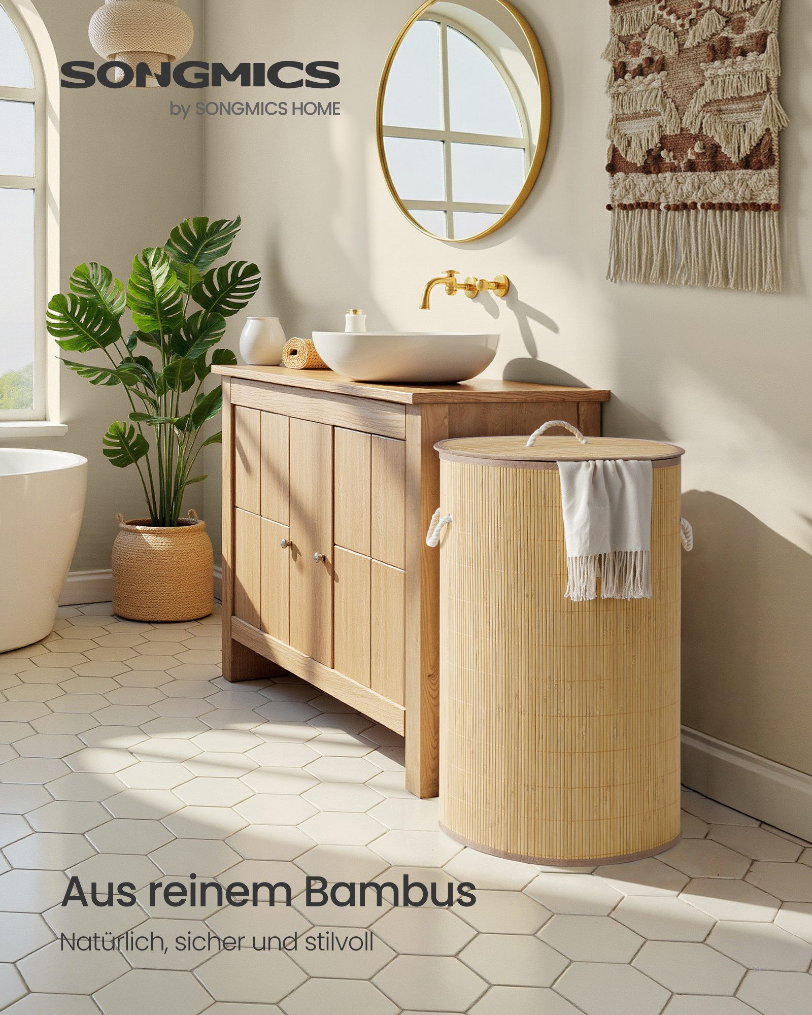 SONGMICS Wäschekorb, Wäschekorb mit Deckel, 60/90 L, Wäschesammler Bambus, günstig online kaufen