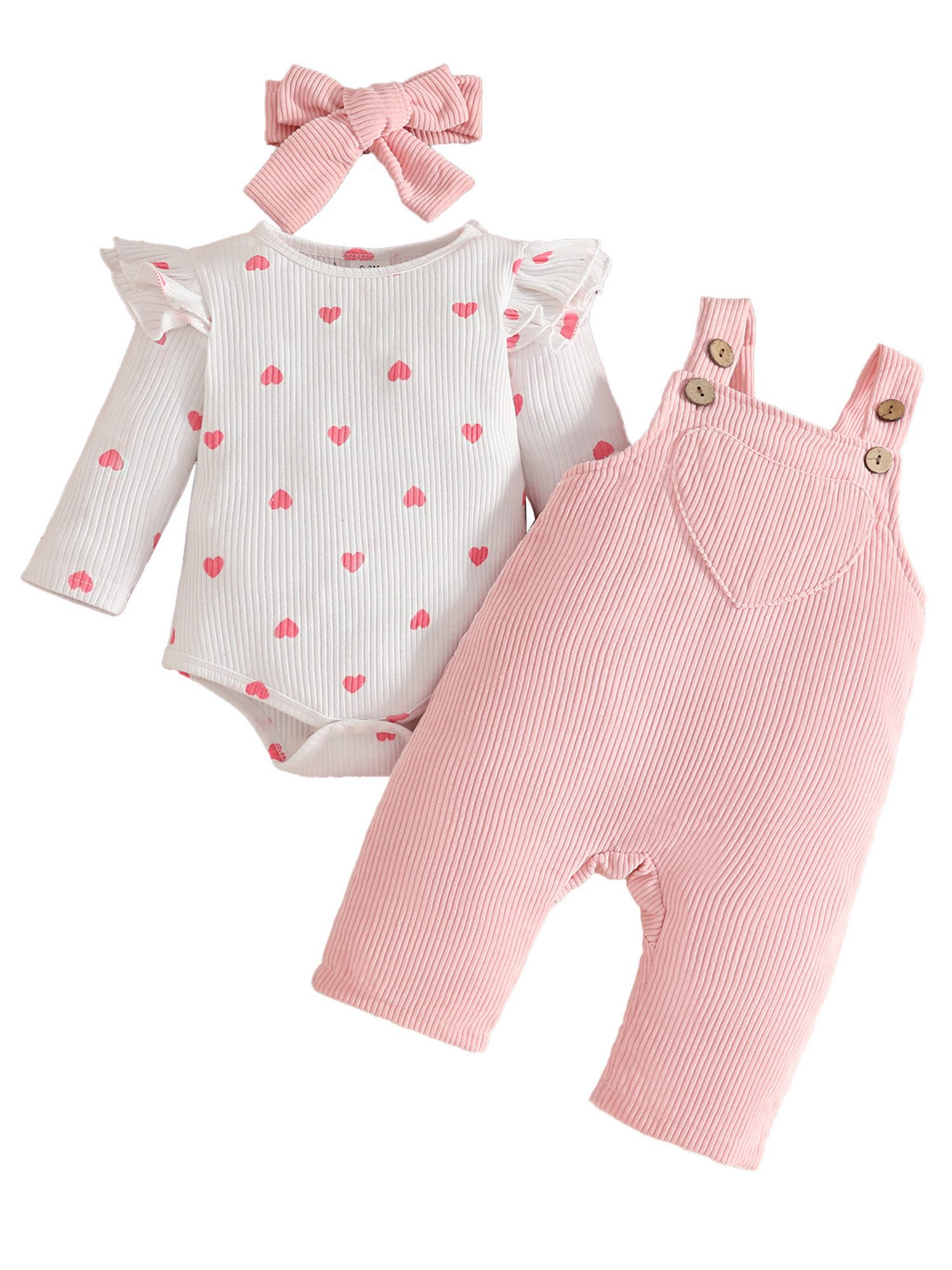 Lapastyle Overall Baby Mädchen bedruckte Langarmbody, Cord-Latzhose und Stirnband (Set, 3-tlg) Lässiger Anzug im Colorblocking Stil, geeignet für Frühling und Herbst