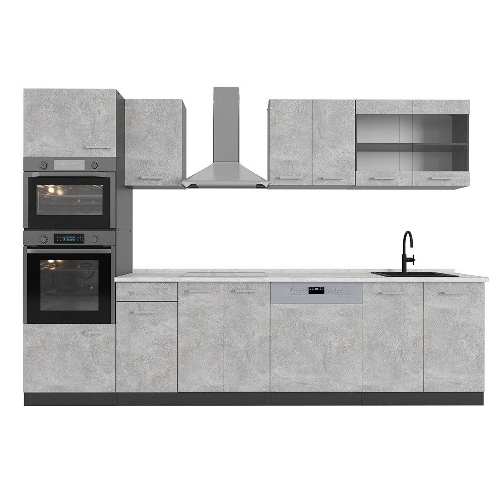 Vicco Küchenzeile R-Line, Beton/Anthrazit, 300 cm mit Hochschrank, AP Marmor