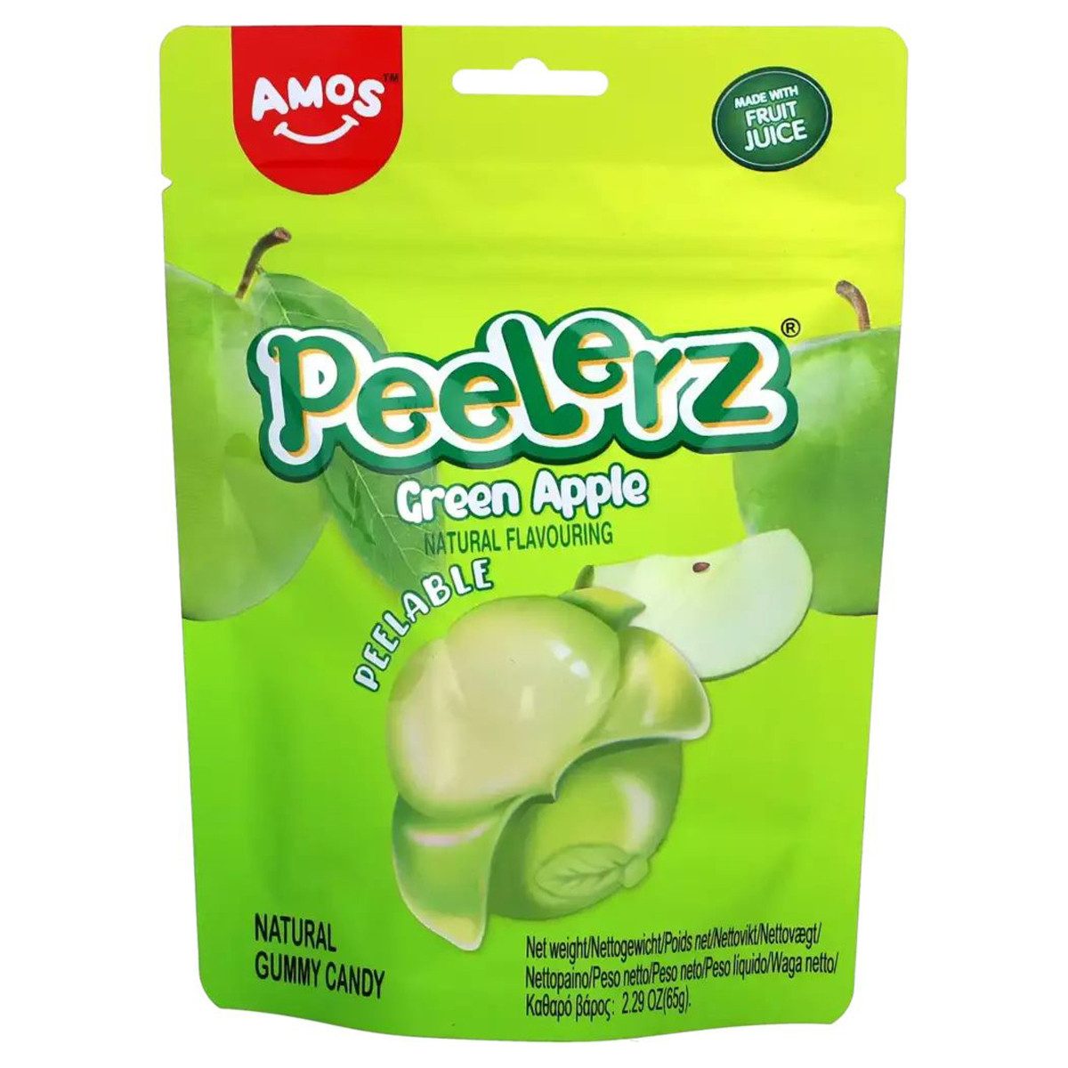 AMOS Süßigkeit, Amos Peelerz Gummies green Apple mit einer fruchtigen Füllung 65g