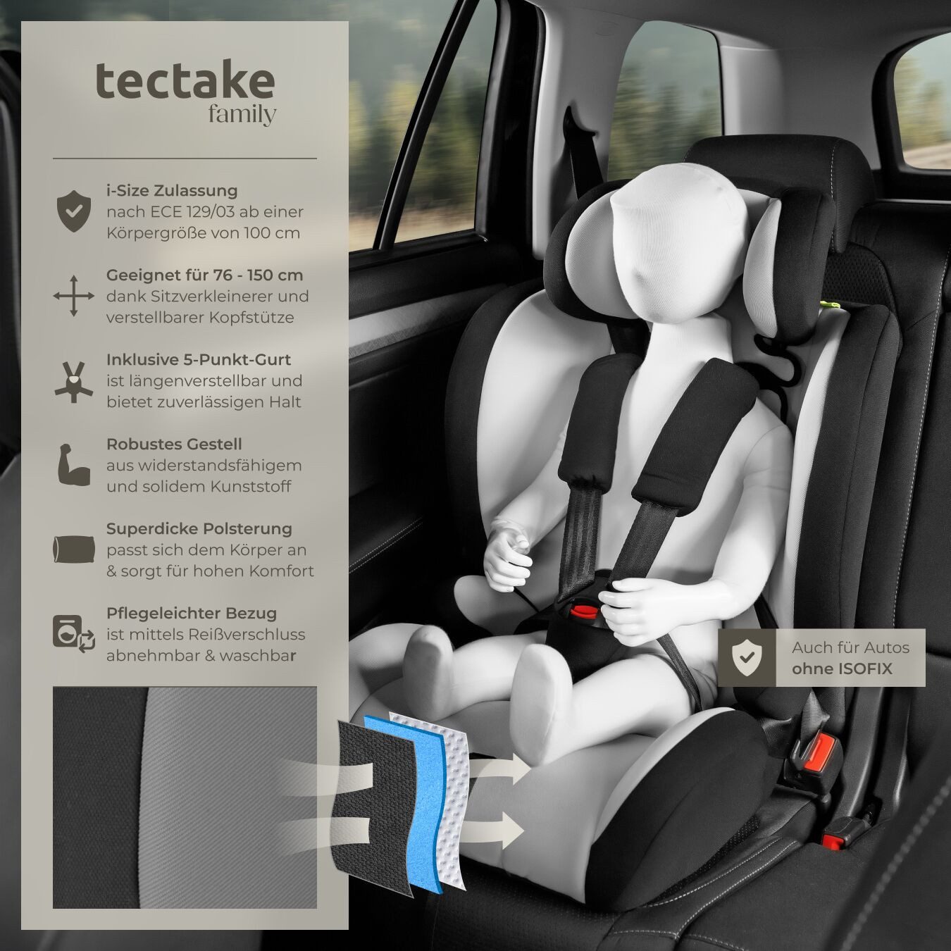 tectake Autokindersitz Autositz Sophie mit 5-Punkt-Gurt, i-Size Zulassung, (Klasse I / II / III (9-36 kg), Ab 15 Monate verwendbar, für Körpergrößen von 76 cm bis 150 cm