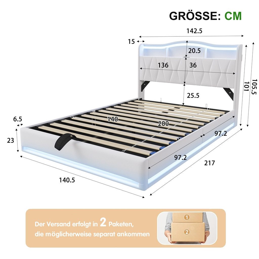 Simurq Polsterbett 140 x 200 cm Doppelbett mit LED Beleuchtung und Ladefunktion, Samt (LED, Ladestation, Hydraulisches Bett mit Bettkasten), Jugendbett Stauraum – Bild 2 von 5