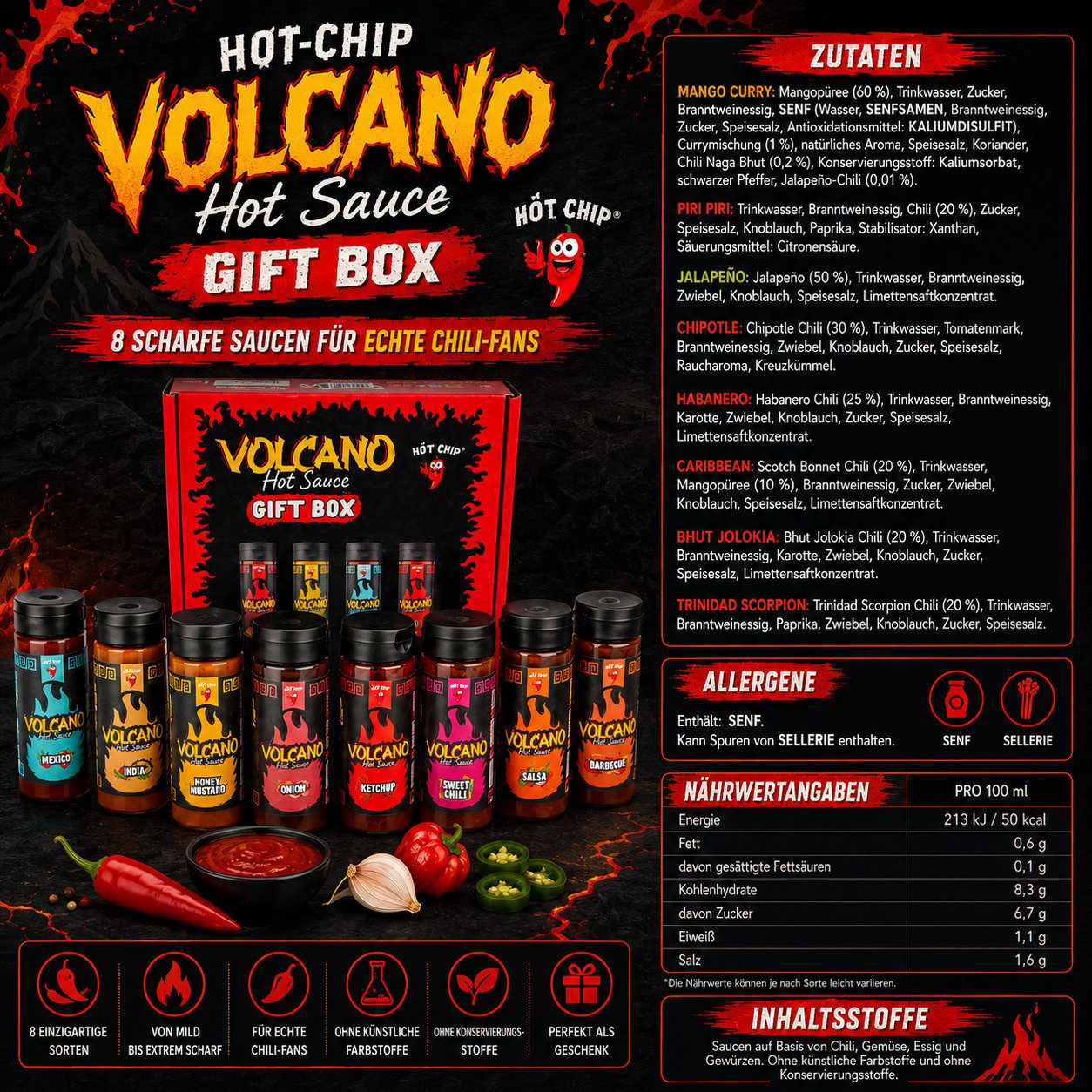Candy & Bar Saucen HOT-CHIP Volcano Chili-Saucen Geschenkset – 8 × 270 ml – Bild 4 von 4