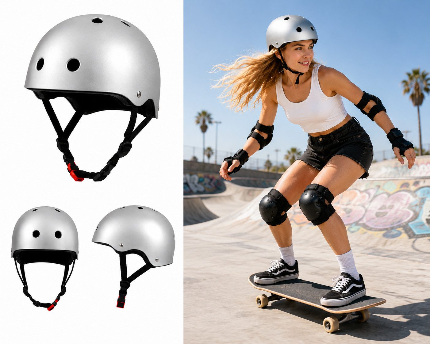 Rungassi Skatehelm Skate- und Fahrradhelm Helm „Aggressive“ 75CE_ZWA Silber XL