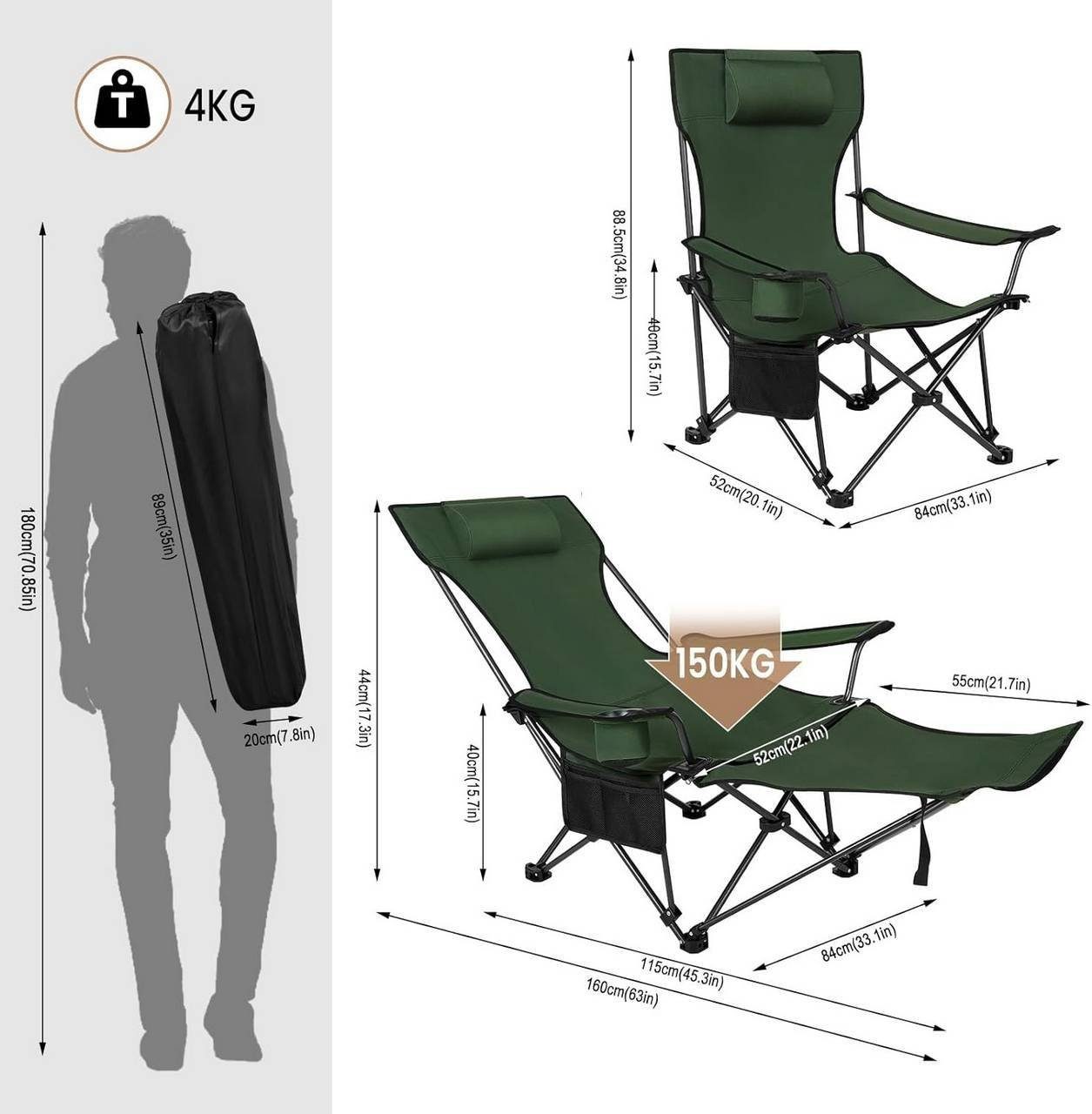 Woltu Campingstuhl (2 St), klappbar für Outdoor mit Armlehnen Getränkehalter