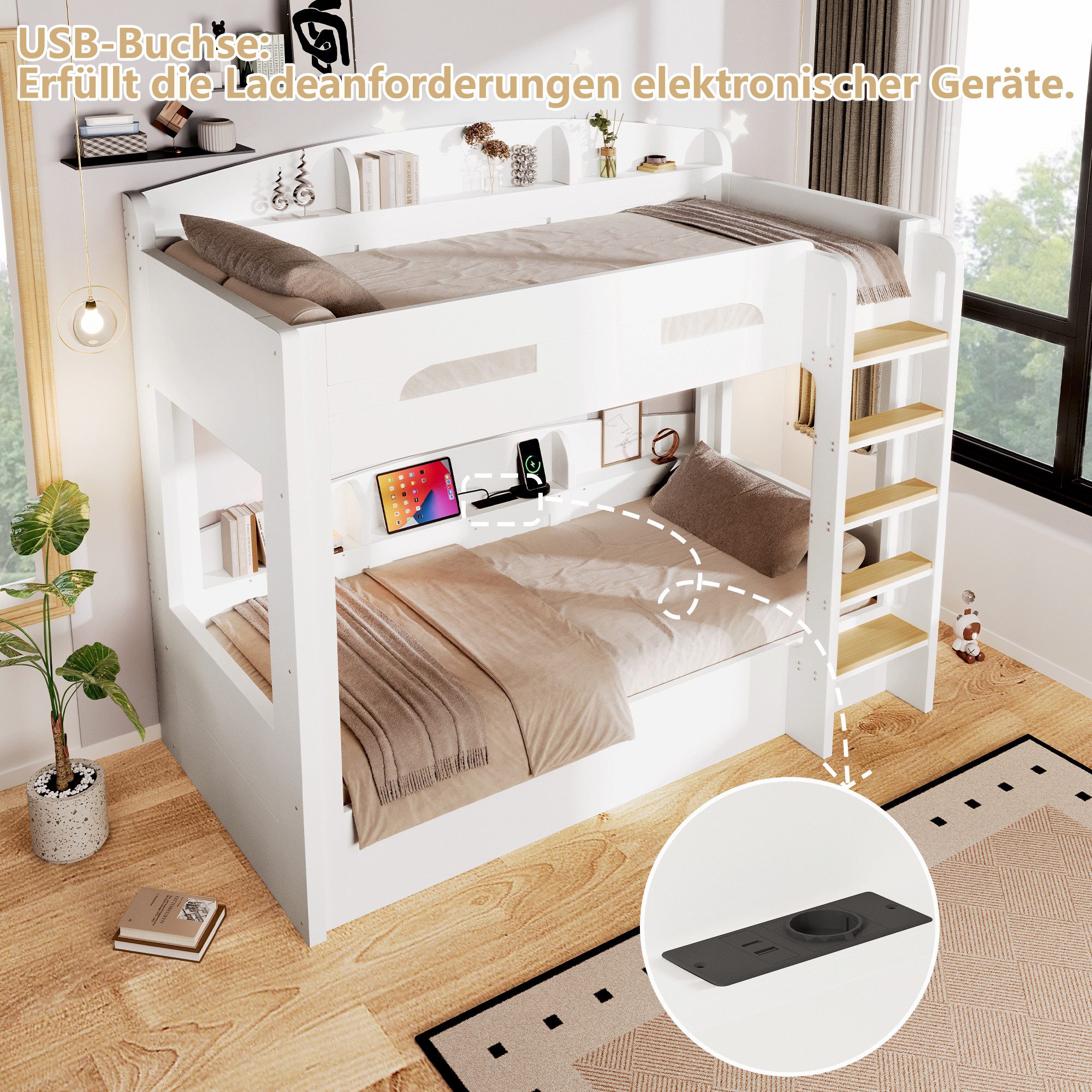 Merax Etagenbett 90x200cm mit Unterbett und USB-Steckdose (Stockbett Jugendbett Doppelbett, 1-St), Kiefer Kinderbett mit Ablagefächern, Leiter & Sicherheitszaun – Bild 5 von 5