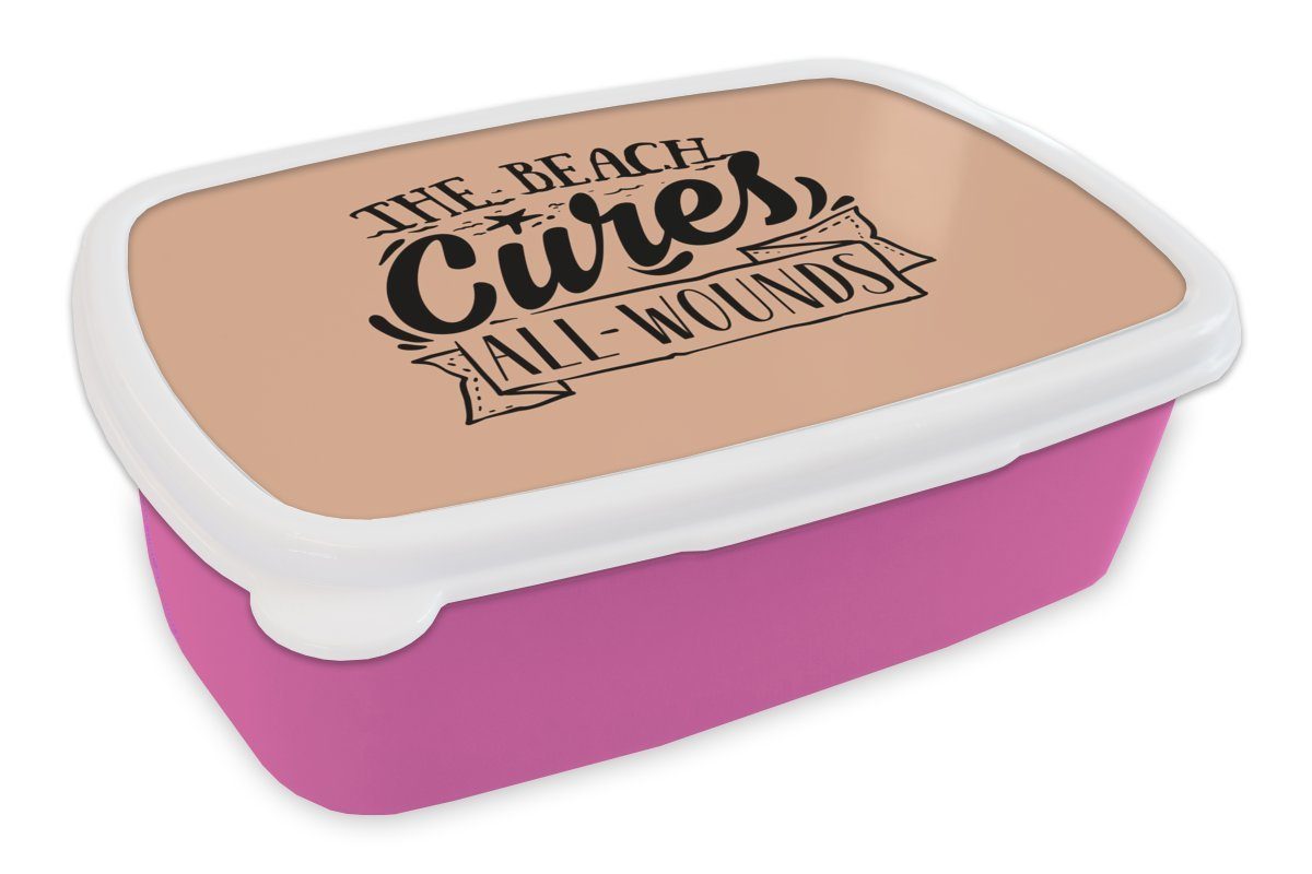 MuchoWow Lunchbox Sommer - Strand - Rosa, Kunststoff, (2-tlg), Brotbox für Erwachsene, Brotdose Kinder, Snackbox, Mädchen, Kunststoff