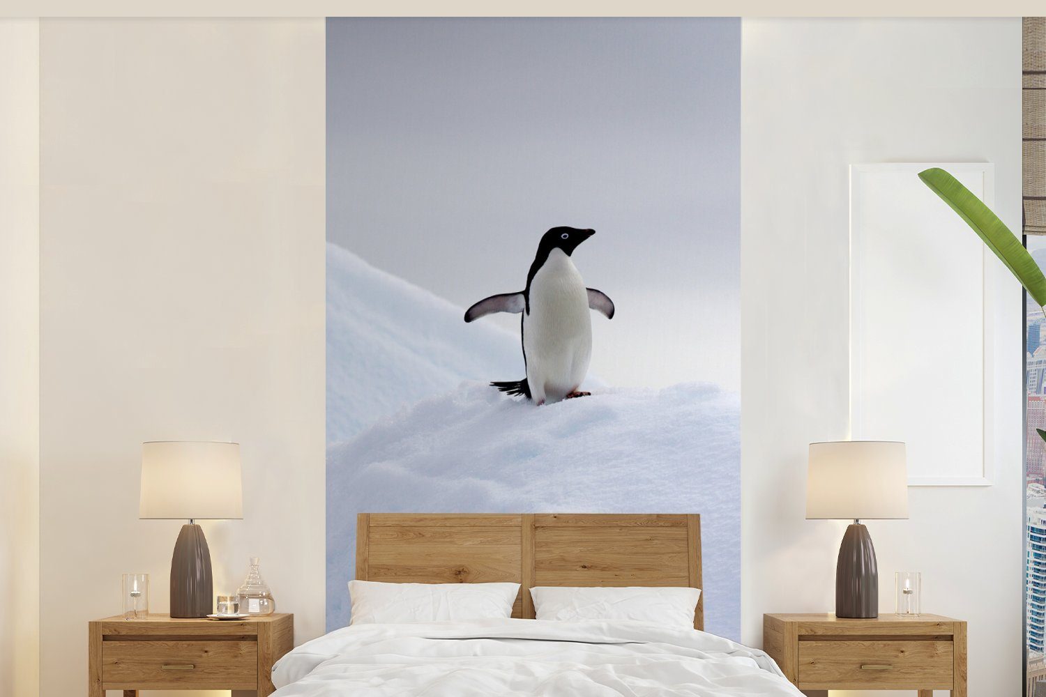 MuchoWow Fototapete - Vliestapete Schlafzimmer (2 Eis Matt, St), Wohnzimmer für Küche, Fototapete Pinguin bedruckt, Winter, 