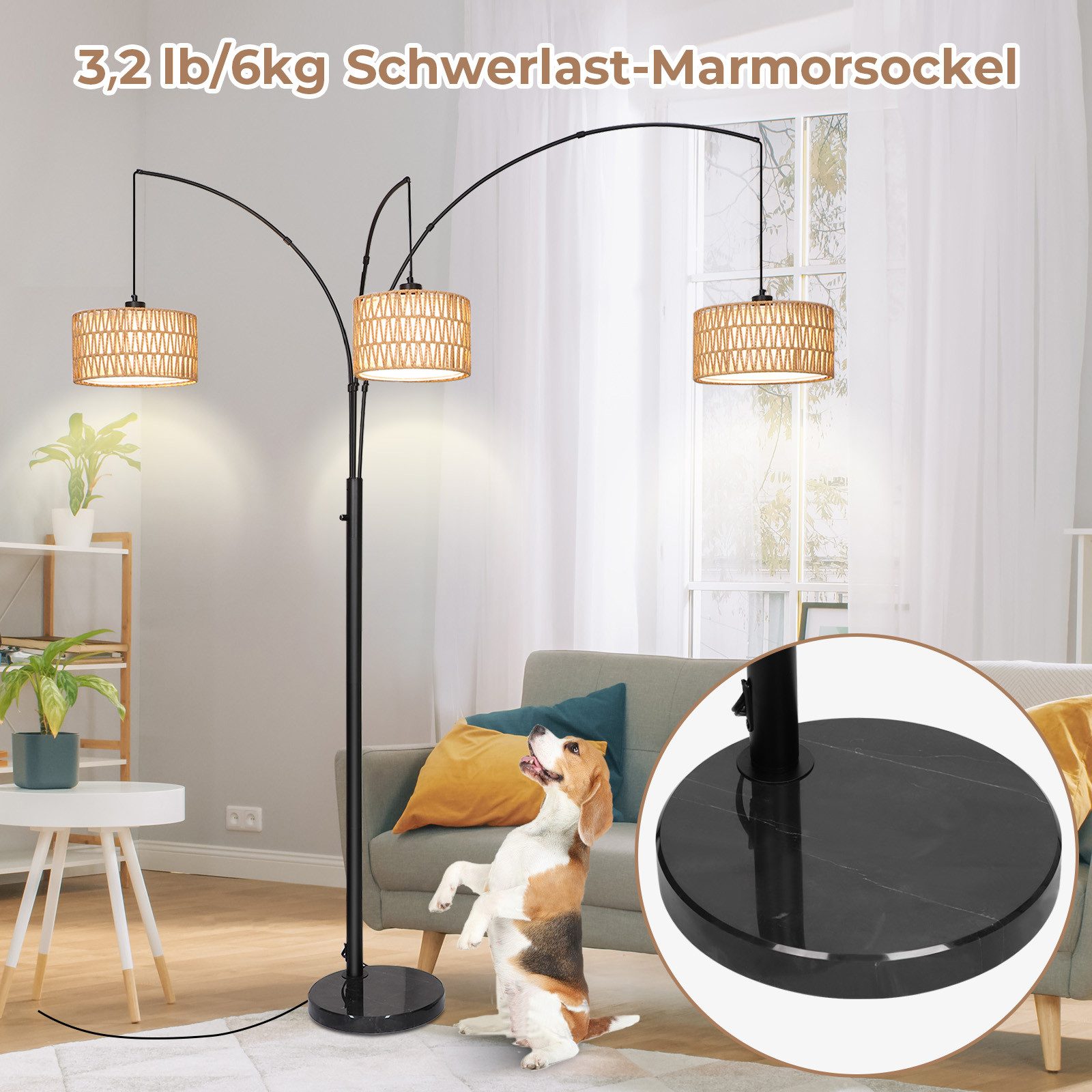 Jibenhome LED Stehlampe Vintage Rattan Bogenlampe Wohnzimmer mit Doppelter günstig online kaufen