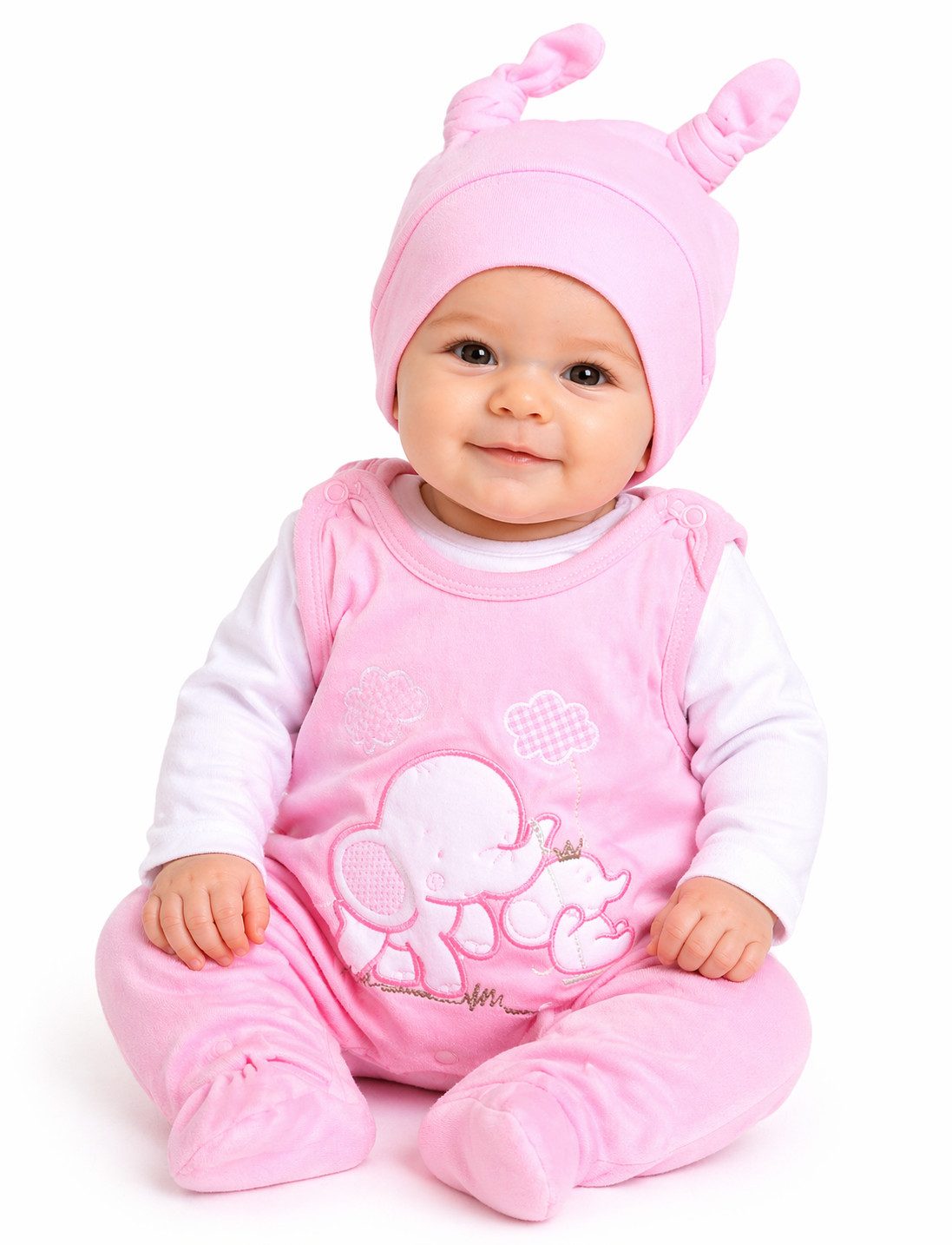Strampler, Jäckchen & Mütze Stramplerhose Shirt Knotenmütze Baby Anzug in Rosa mit Elefant