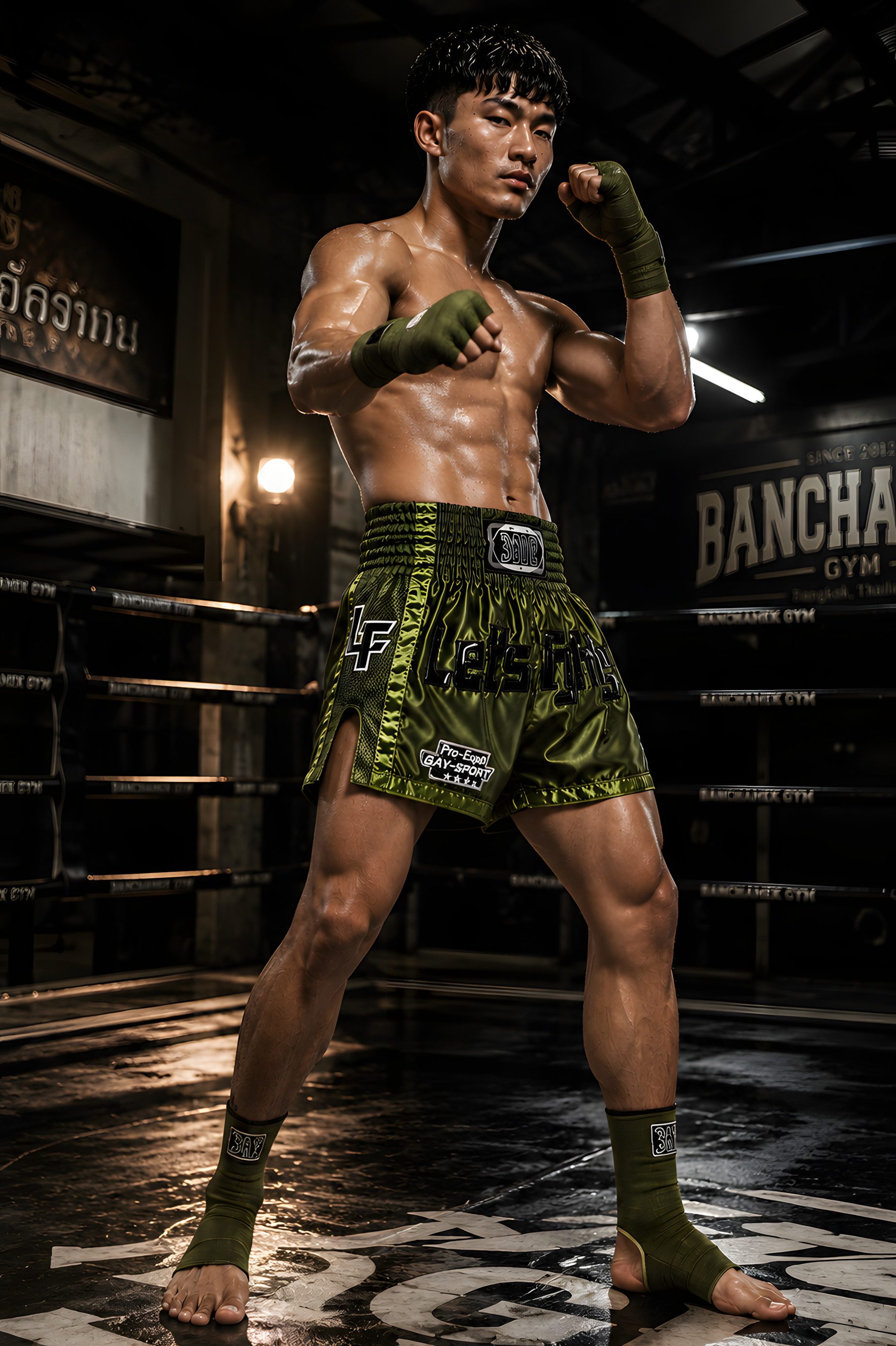 BAY-Sports Sporthose Let´s Fight olive Thaiboxhose Muay Thai Shorts Thaiboxen MMA Kickboxen (Stück) Moderne sublimierte Short, Mesh Einsätzen, attraktiven Applikationen