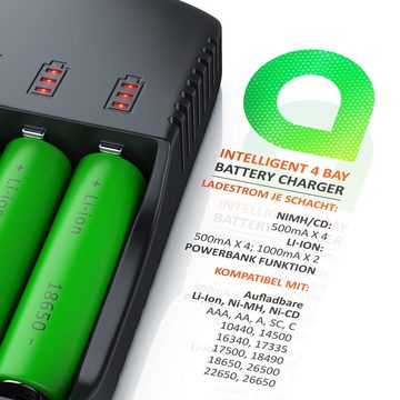 Aplic Batterie-Ladegerät (2000 mA, Universal Akku Ladegerät mit USB Powerbankfunktion, 4x Aufladeschächte)