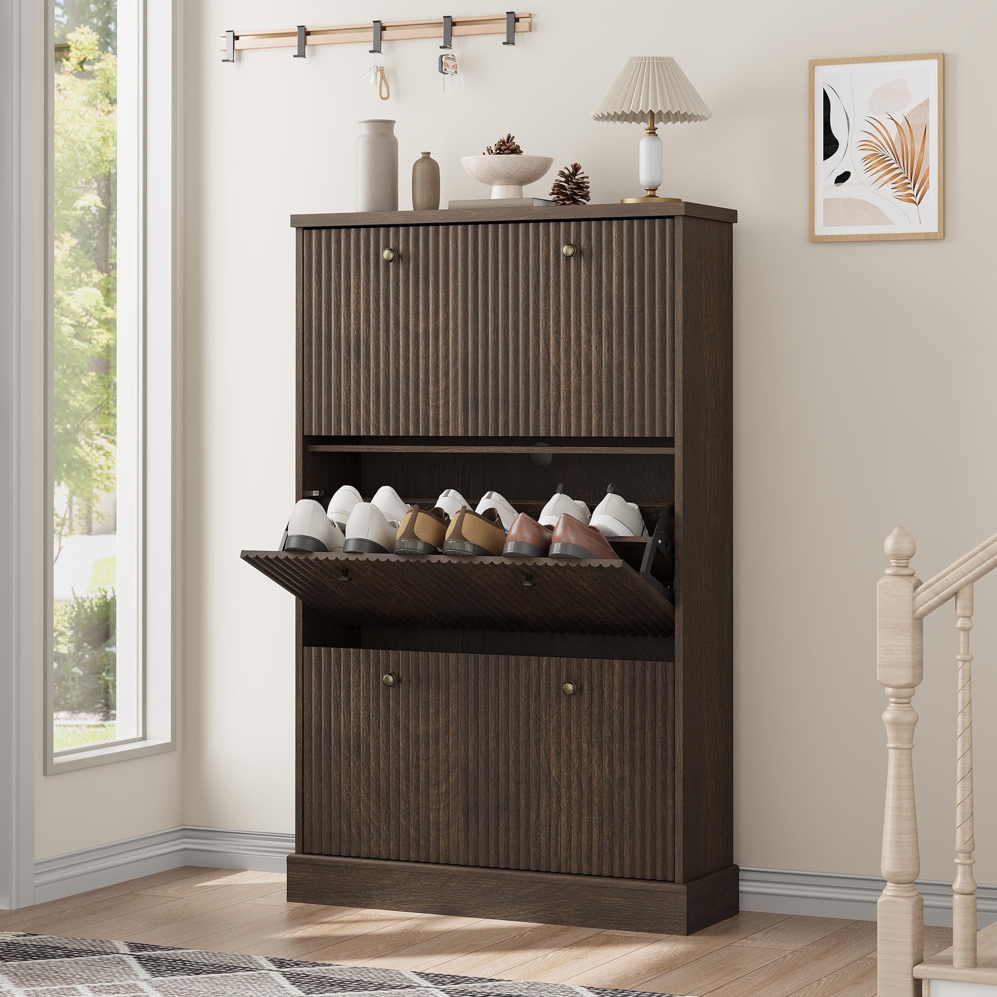 GarveeMore Schuhschrank Moderner Rillenprofil mit 3 Klappschubladen verstellbare Einlegeböden (1-St) (B80/T25/H129 cm) Schuhregal für 18–24 Paar Schuhe, für Flu – Bild 5 von 5