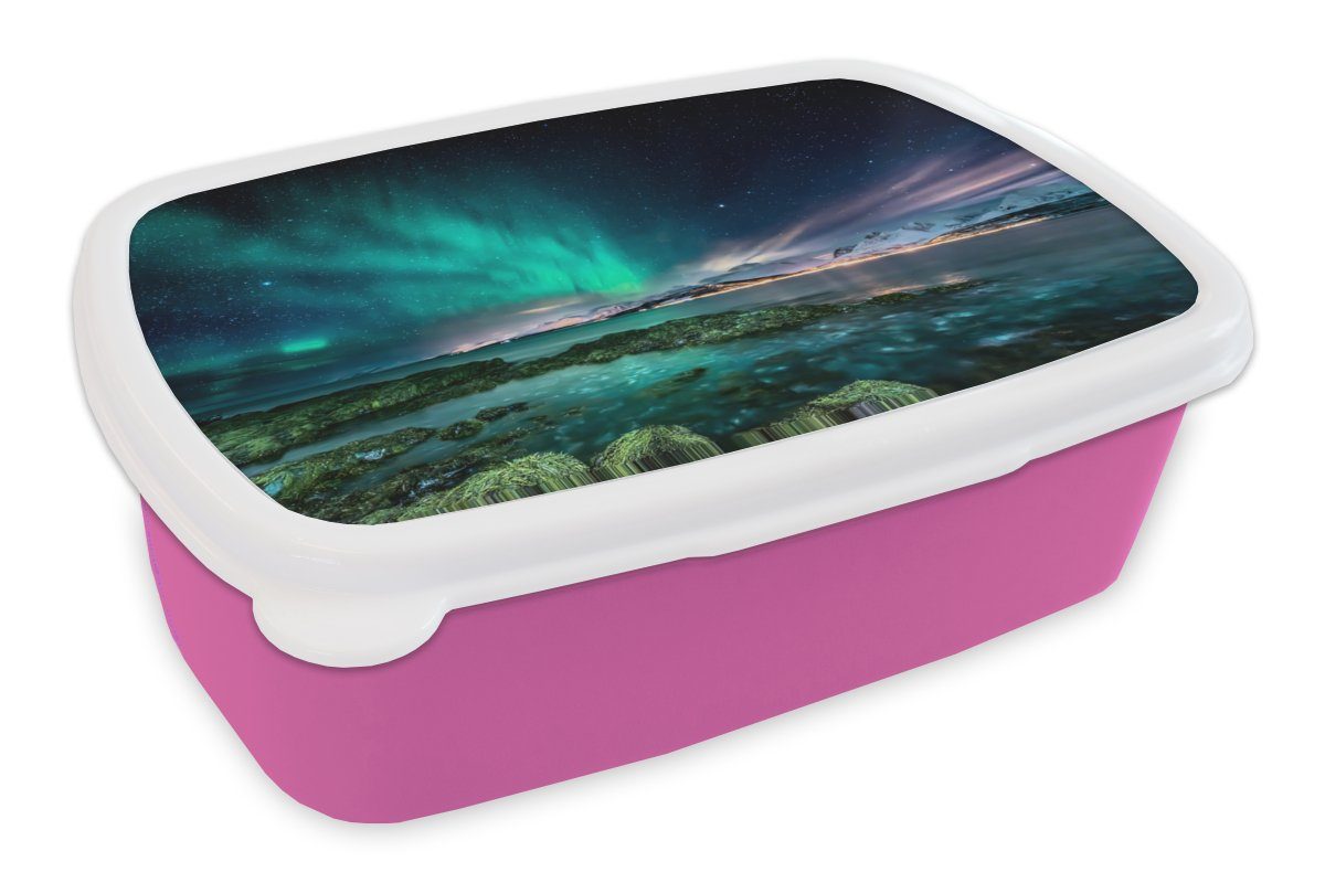 - (2-tlg), Brotdose Lunchbox MuchoWow rosa Kinder, Kunststoff Kunststoff, See Norwegen, Brotbox - Snackbox, für Mädchen, Nordlichter Erwachsene,