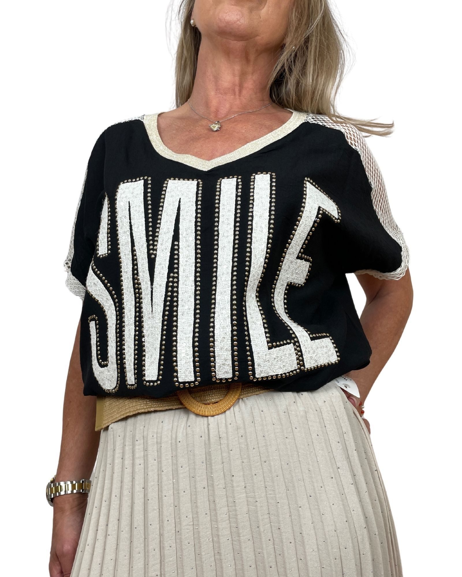 ITALY VIBES T-Shirt SMILE - Shirt Kurzarm - Meshshirt - Strassdetail - T-Shirt Damen Größe: ONE SIZE (empfohlen für Gr. 36?42 / S?XL)