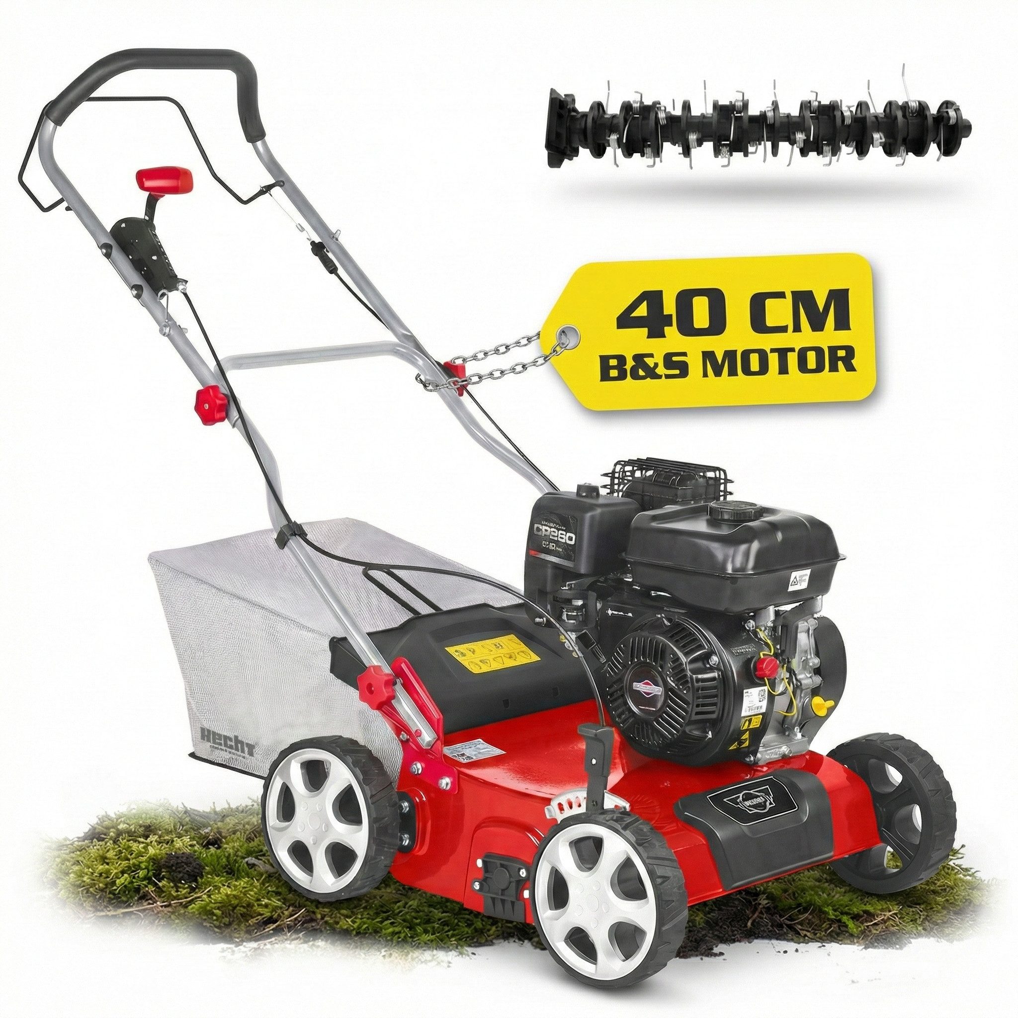 Hecht Benzin-Vertikutierer / Lüfter Rasenlüfter 5676, 2in1 4,2 kW / 5,7 PS Briggs & Stratton, 40 cm Arbeitsbreite, mit Montagewerkzeug, 18 Messer, 24 Federkrallen, 45 Liter Fangkorb