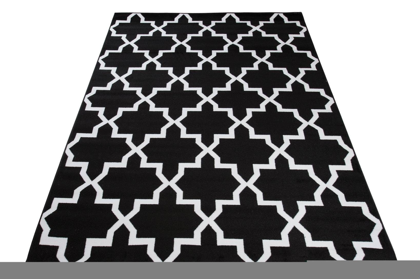Designteppich Modern Teppich Geometrische Muster weiß - 7 x Kurzflor Höhe Fußbodenheizung, cm, 80 Mazovia, für Geeignet 150 Kurzflor, schwarz mm