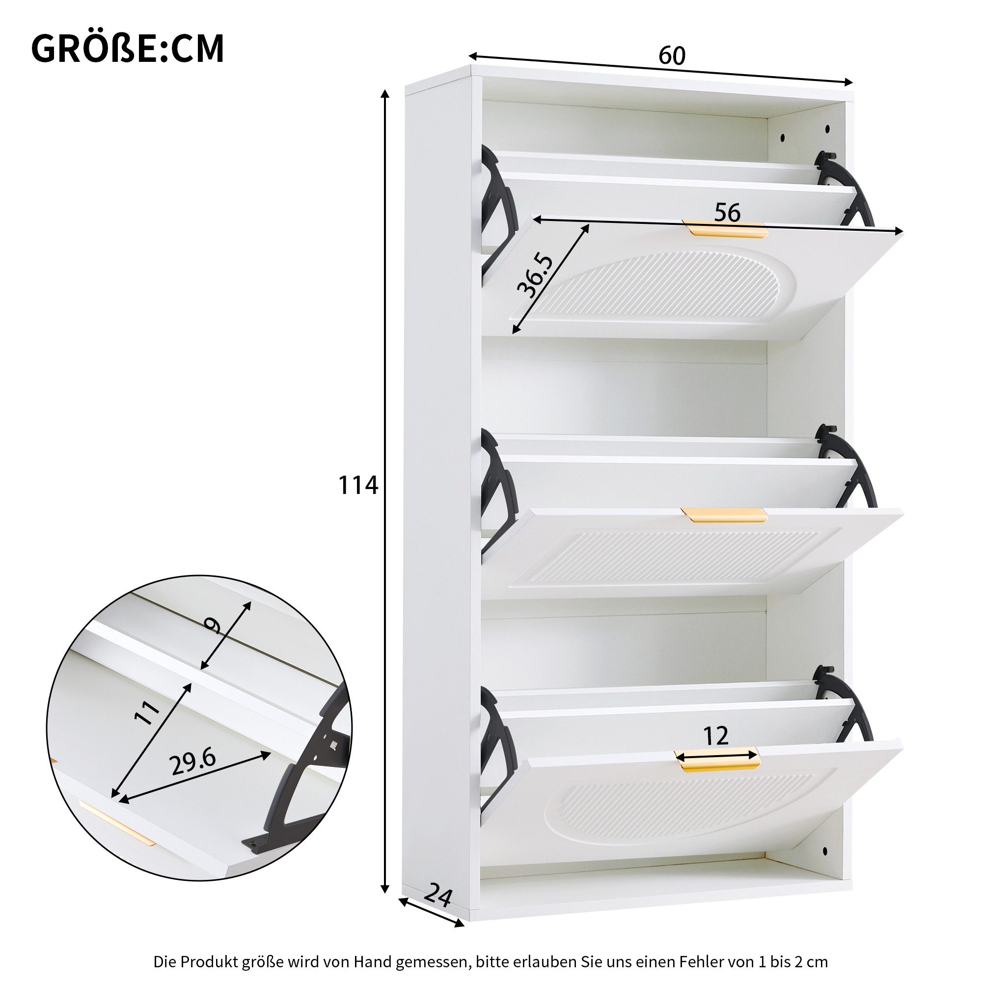 Flieks Schuhschrank (B60/T24/H114 cm, 1-St., ca 12 Paar Schuhe) Schuhregal mit 3 Klappen Schuhkipper Schuhkommode Weiß, Breite 60 cm – Bild 5 von 5