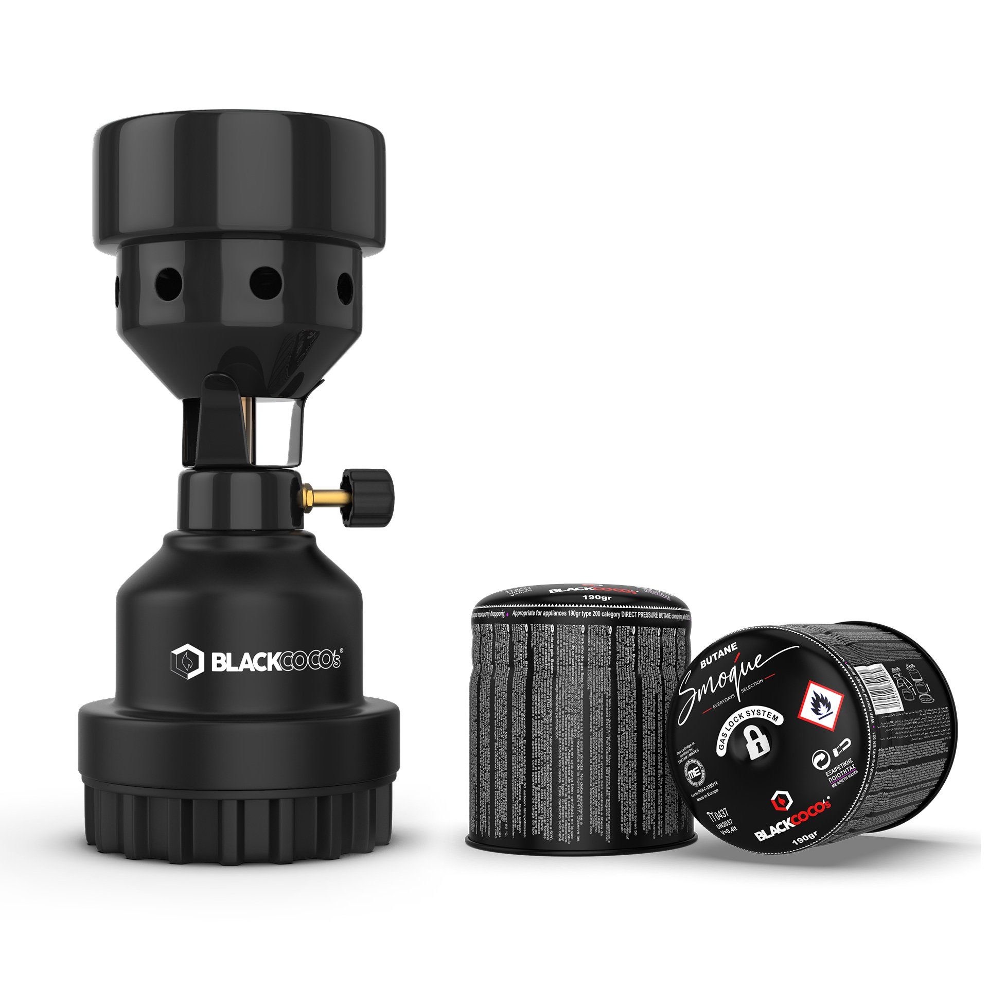 BLACKCOCO's GmbH Camping-Gasgrill SMOQUE, GAS BURNER BLACK + GAS CARTRIDGE BLACK, SET