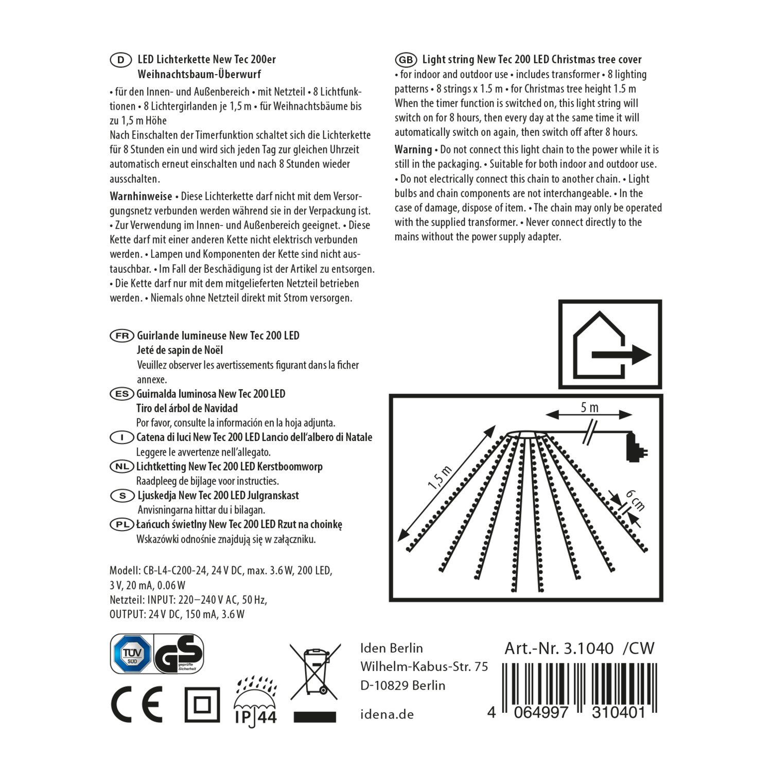 Idena LED-Lichterkette Idena 31040 - LED Lichterkette mit 200 LEDs in Warmweiß, NewTec Weihna