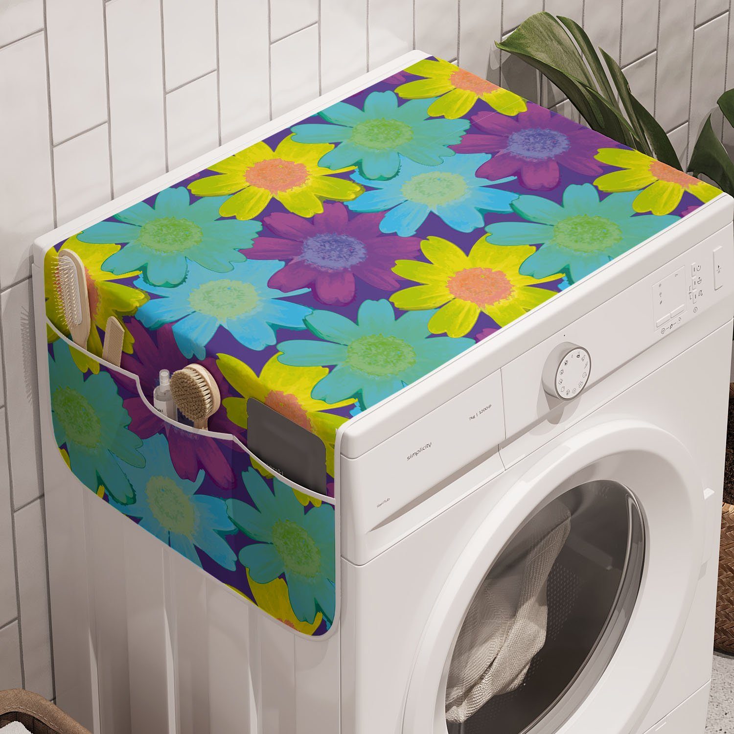 Abakuhaus Badorganizer Anti-Rutsch-Stoffabdeckung für Waschmaschine und Trockner, Blumen Aquarell-Stil der 90er Jahre Muster