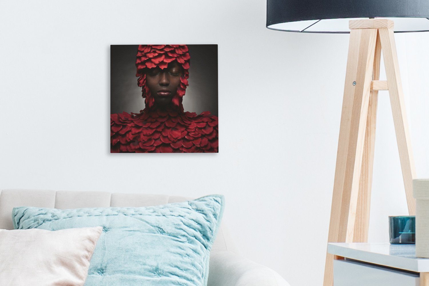 Wohnzimmer Leinwandbild - - Leinwand Rot, Bilder Laub Frau (1 OneMillionCanvasses® Schlafzimmer St), für