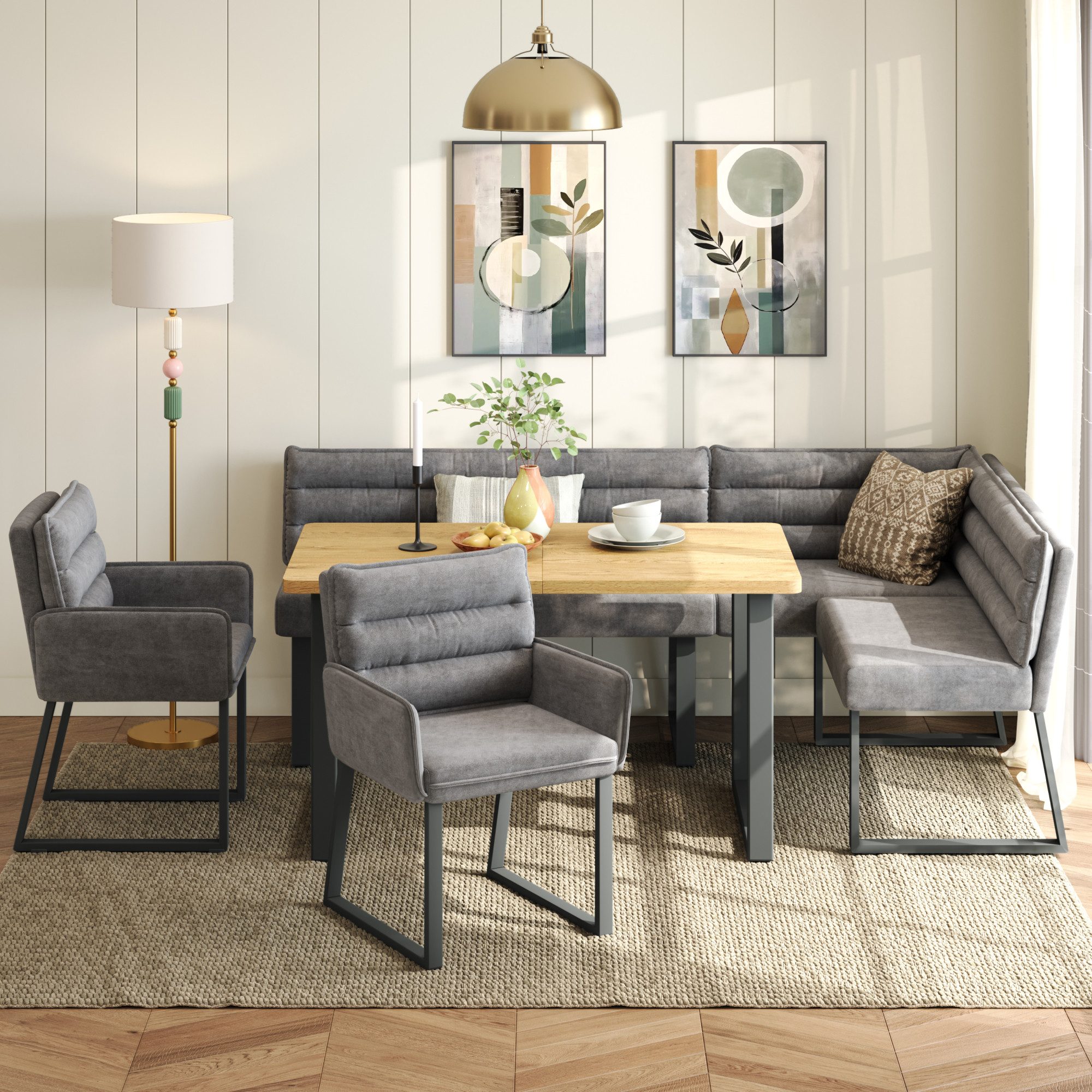 Flieks Essgruppe Eckbankgruppe Sitzgruppe Esszimmerset, (Set, 4-tlg., Sitzbezug aus Chenillestoff, rechteckige Tischplatte in Holzoptik), 1 Ecksofa/Eckbank & 2er Esszimmerstühle & 1 Esstisch, grau & natur