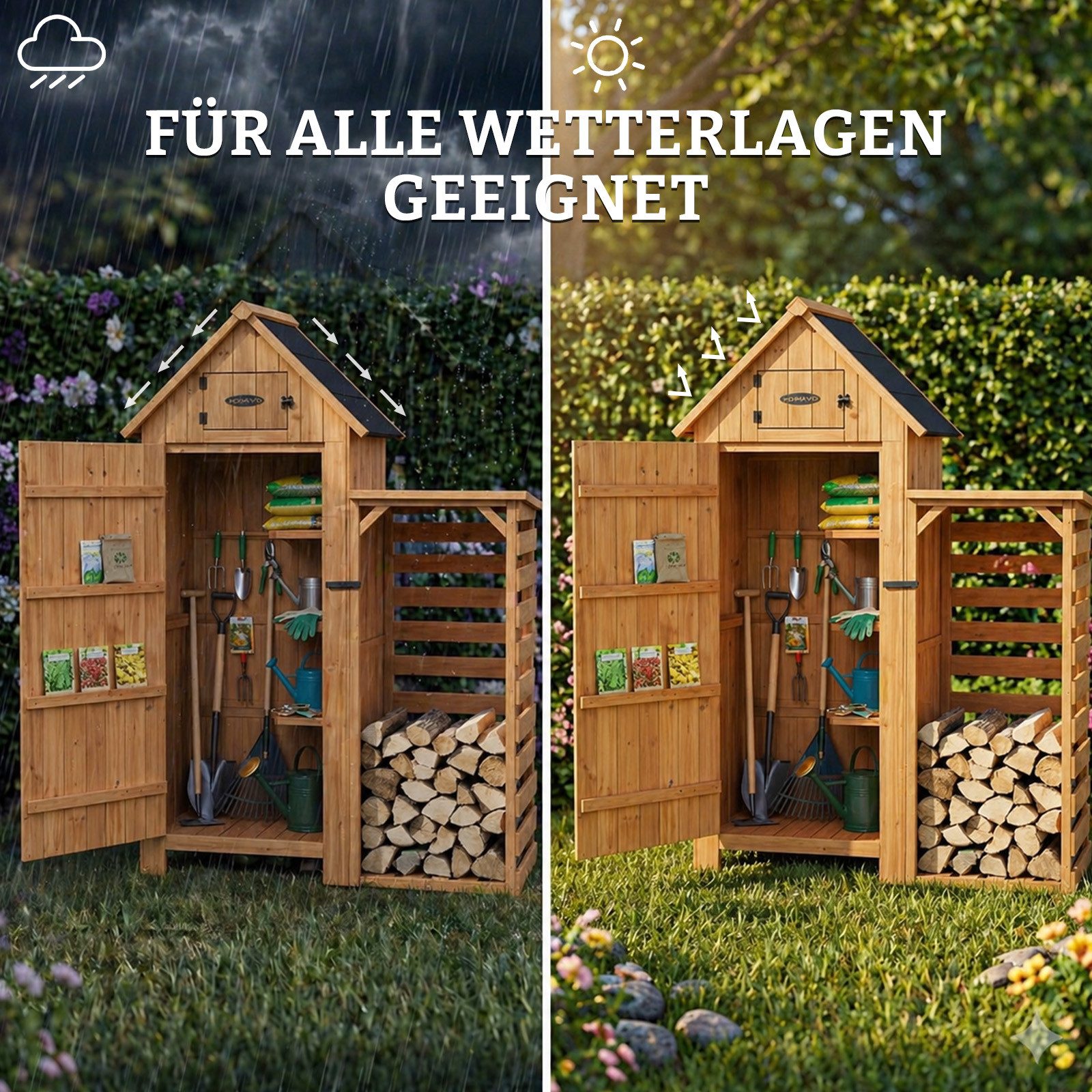 HOMAVO Gerätehaus mit Kaminholzregal Gartenschrank Werkzeugschrank Geräteschuppen, Outdoor-Schrank, Satteldach, mit 3 Einlegeböden, 131 × 54.3 × 179 cm – Bild 4 von 5