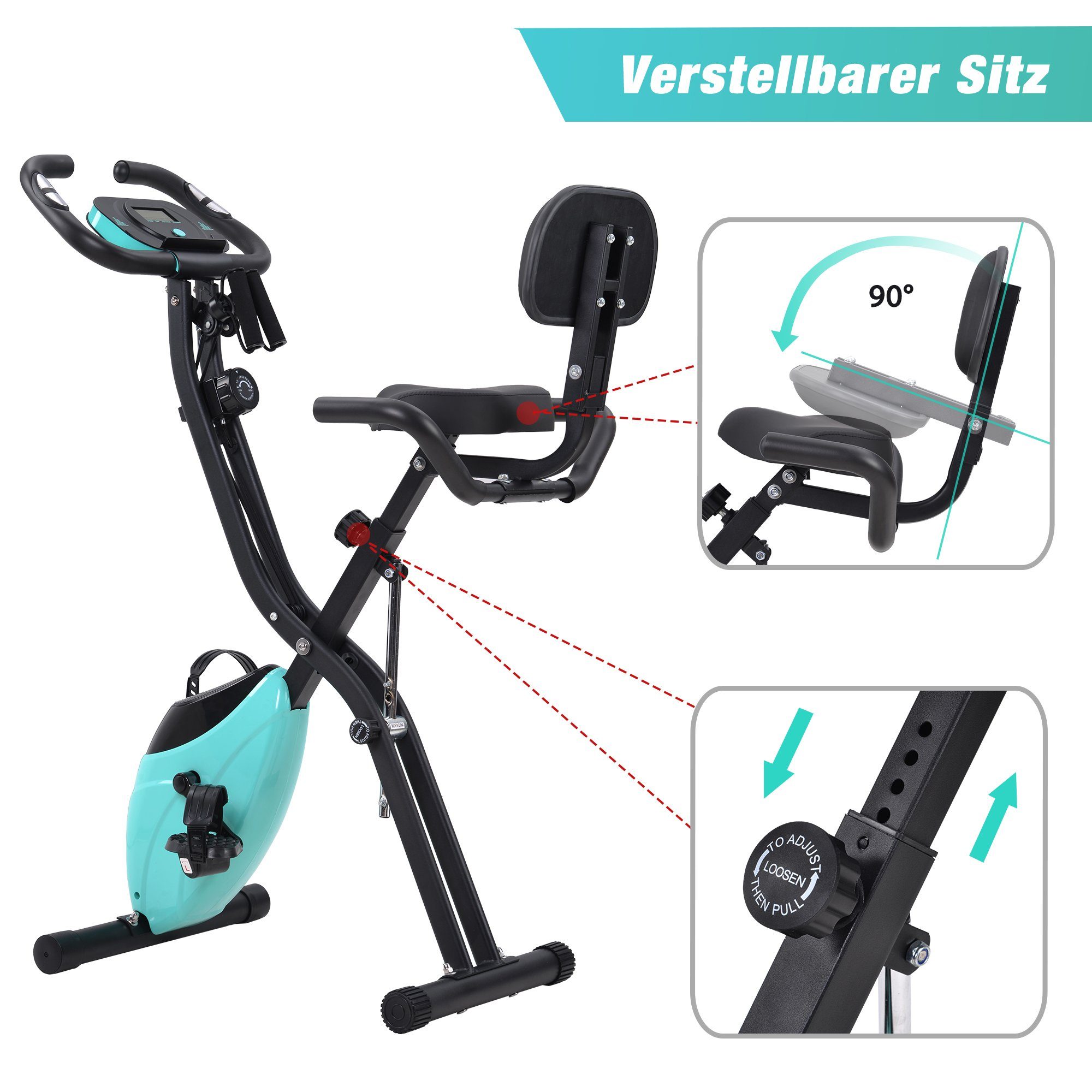 Heimtrainer (magnetische faltbares Fitnessfahrrad), 3-in-1 X-bike mit Expanderbänder, 10 Widerstandsstufen, Max 120 kg