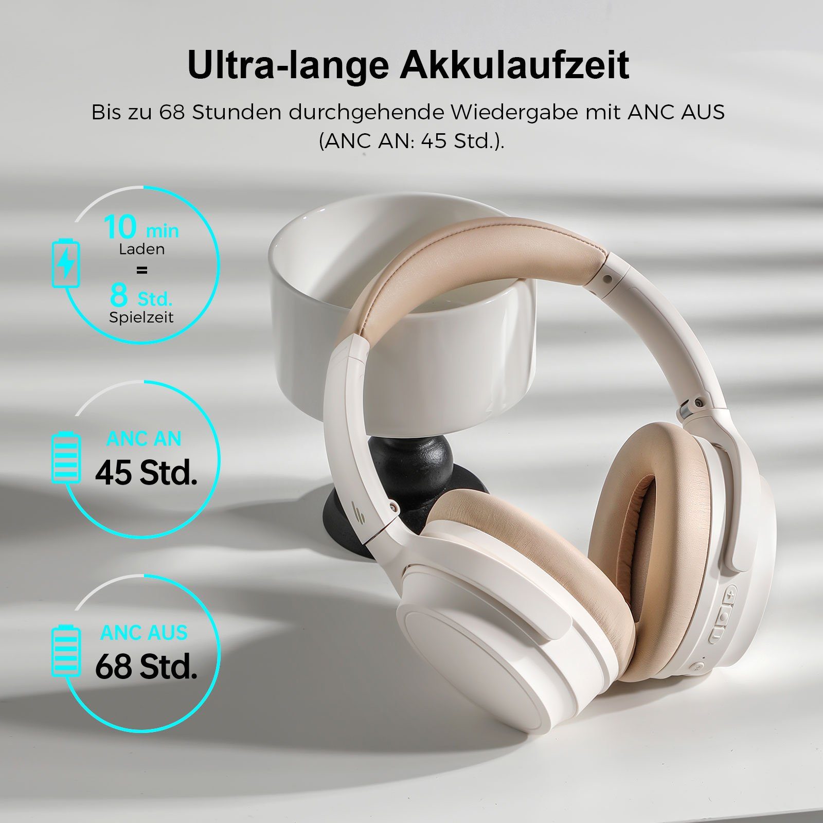 Edifier® WH700NB 5.3, Over-Ear-Kopfhörer Geräuschunterdrückung Doppelgeräte-Verbindung) aktive Geräuschunterdrückung, Bluetooth Weiß (Aktiver Kabellose