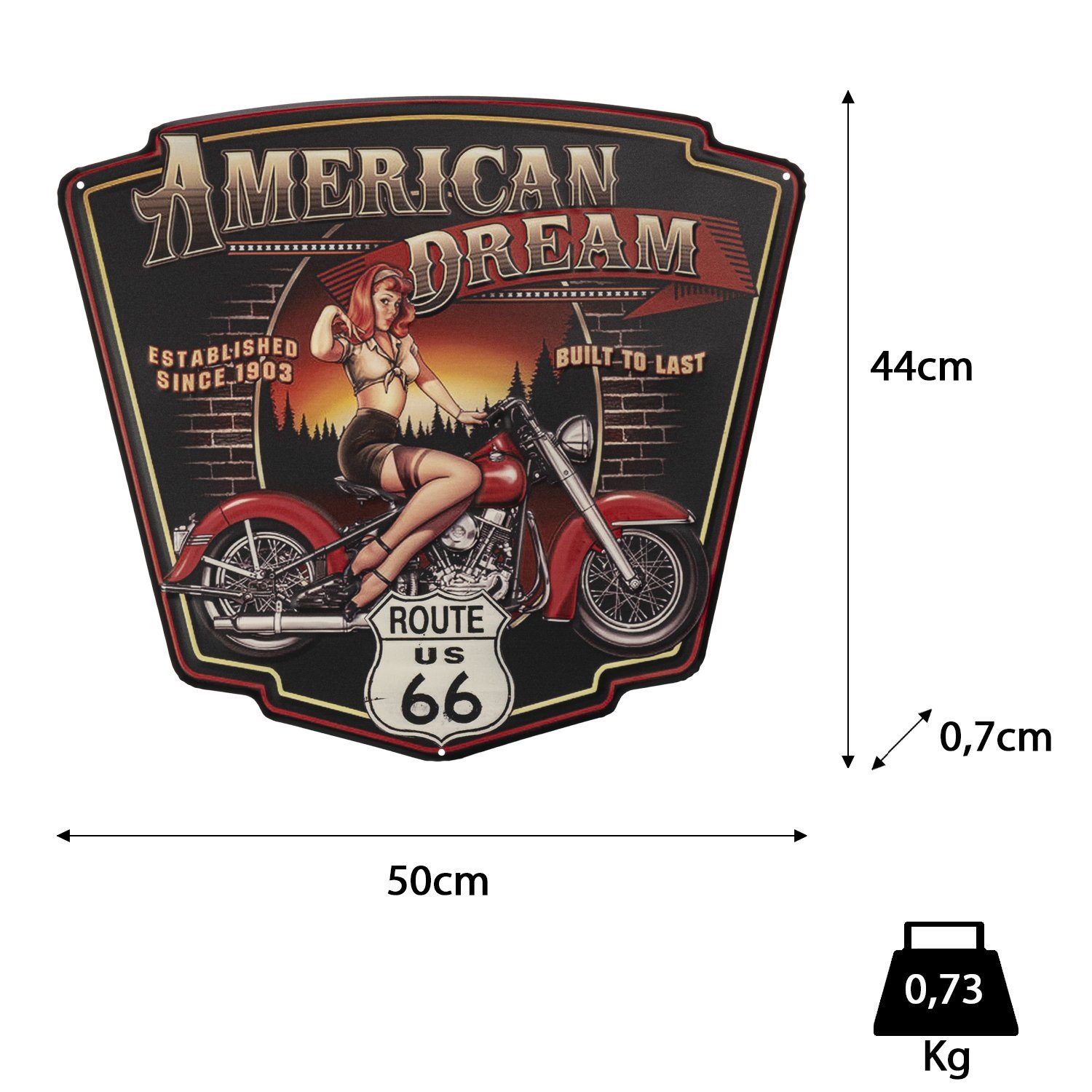 Moritz Metallschild American Dream Route 66 US Motorrad Frau, Vintage Retro Deko Schild Metallschild Wandbild Schild