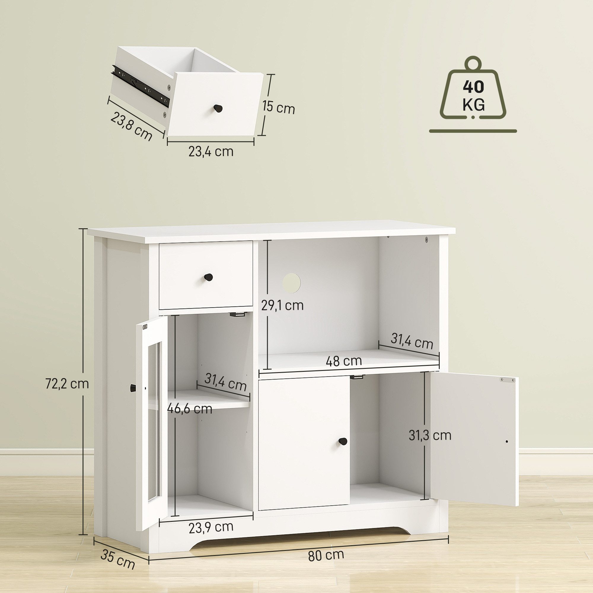 HOMCOM Küchenbuffet Mikrowellenschrank mit Stauraum (Küchenschrank mit Mikrowellenreagl, 1-St., Sideboard mit Schubladen, 3 Türen und verstellbarem Regal) 80 x 35 x 72,2 cm, Weiß