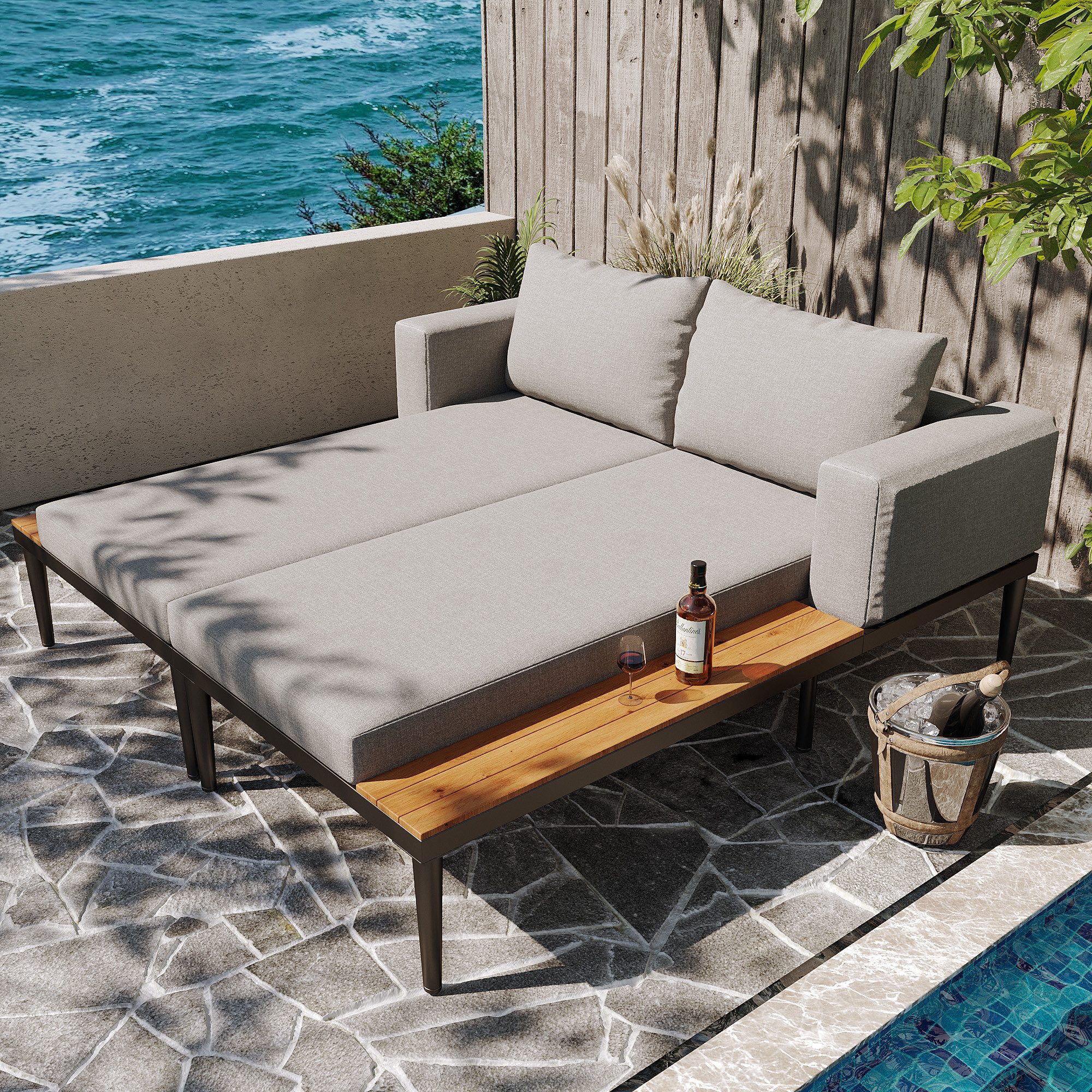 KLAM HOME Sofa Schlafsofa Outdoor Patio Daybed,Double Lounge Bed,Outdoor-Liegestuhl, Sun Lounger,Multifunktionales wasserdichtes Sofabett