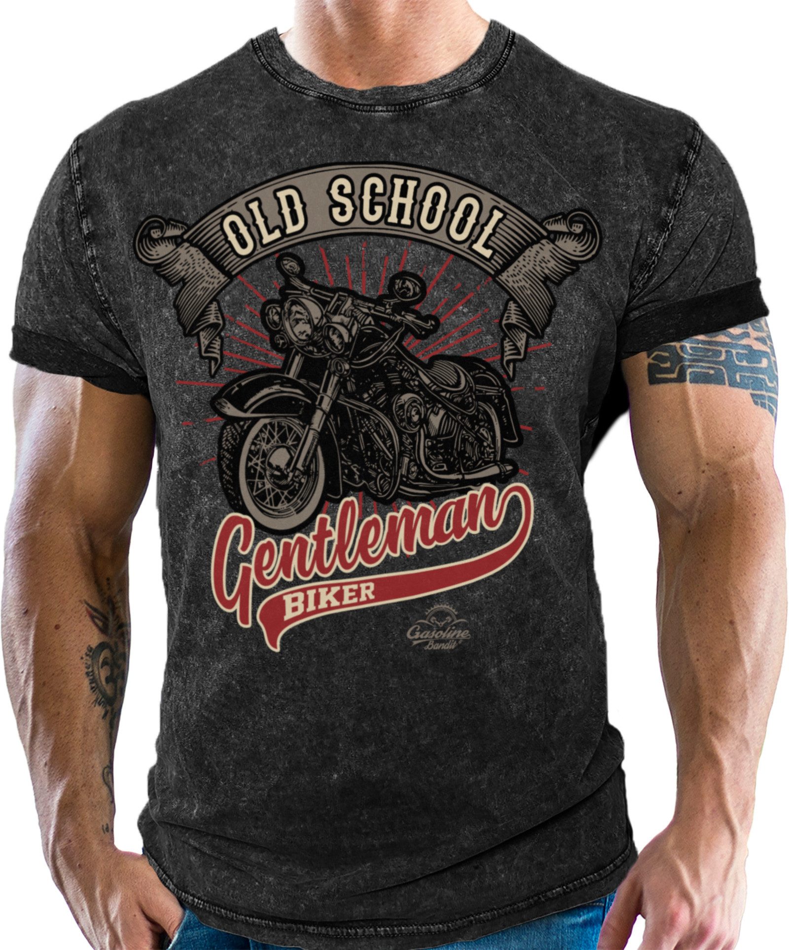 GASOLINE BANDIT® T-Shirt für Biker im Washed Jeans Look: Oldschool Gentlemen