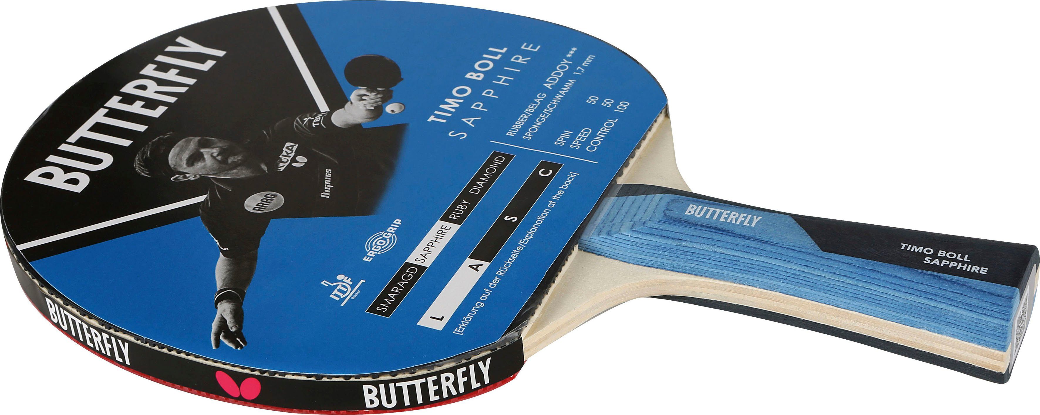 Butterfly Tischtennisschläger Timo Boll Sapphire TT Schläger, Original  Butterlfy Tischtennisschläger mit QR-Code auf der Griffunterseite | Schläger