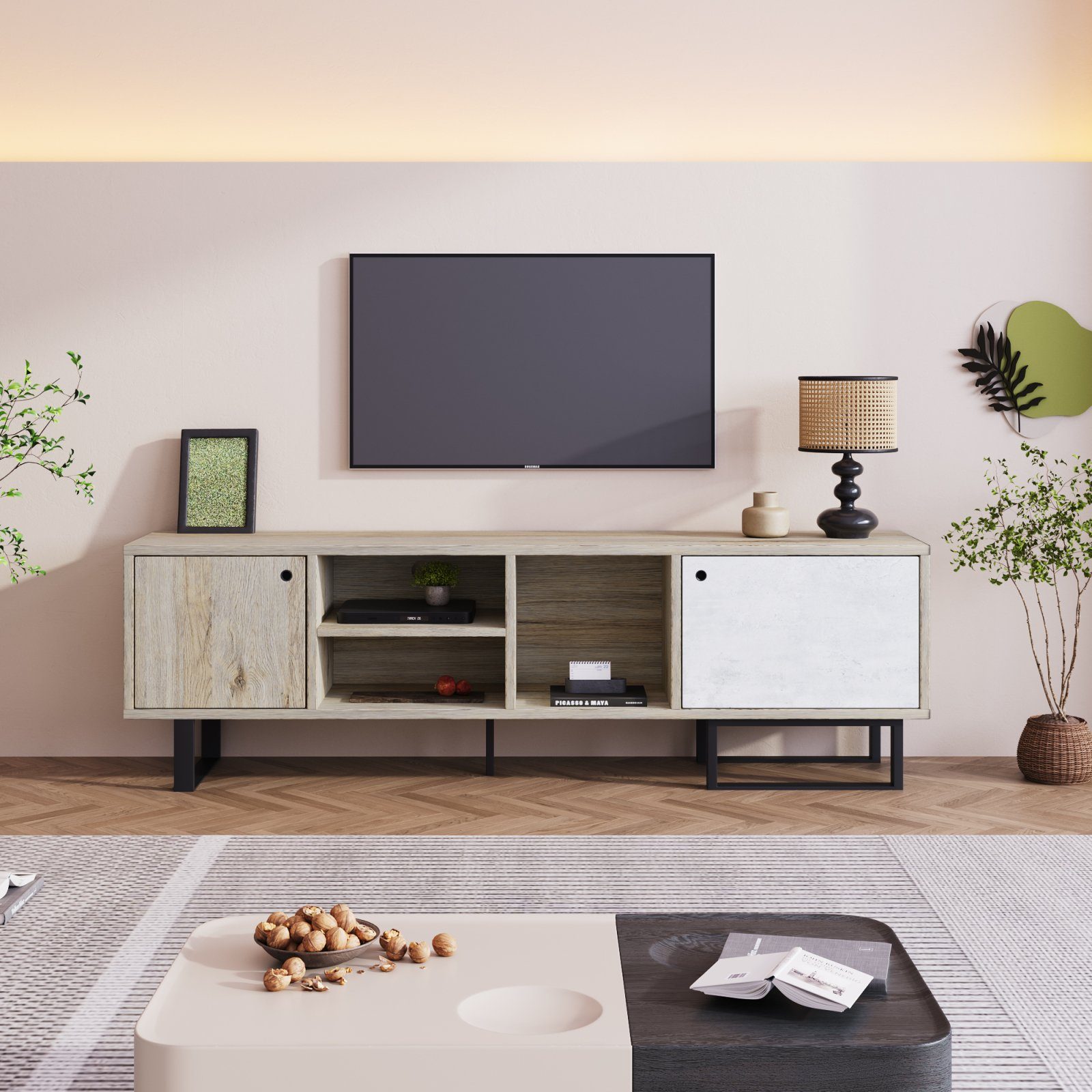 SEEZSSA TV-Schrank 2 Türen TV Lowboard mit 3 offenen Fächern, Schwarze  Metallbeine Holzlattentür, Fernsehtisch TV Board, 160 x 40 x 51.5 cm
