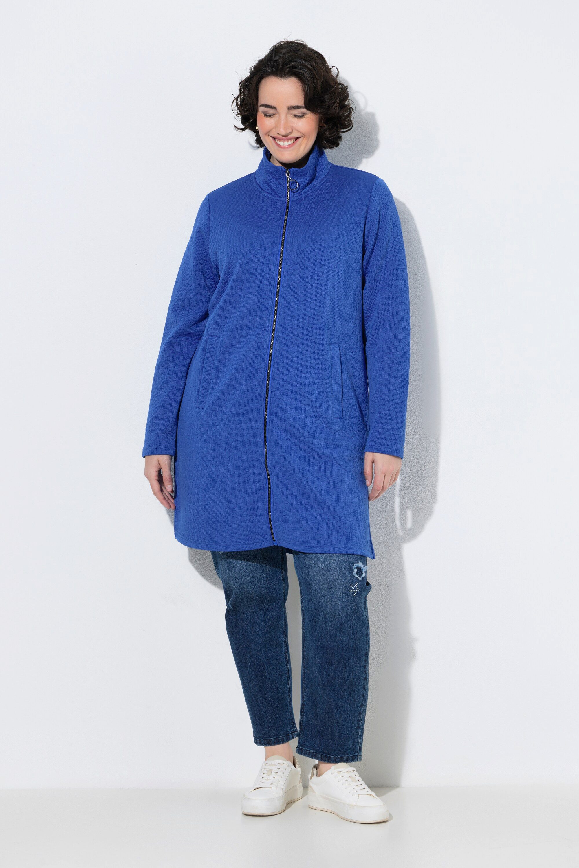 Ulla Popken Sweatjacke Long-Sweatjacke Leomuster Stehkragen Langarm