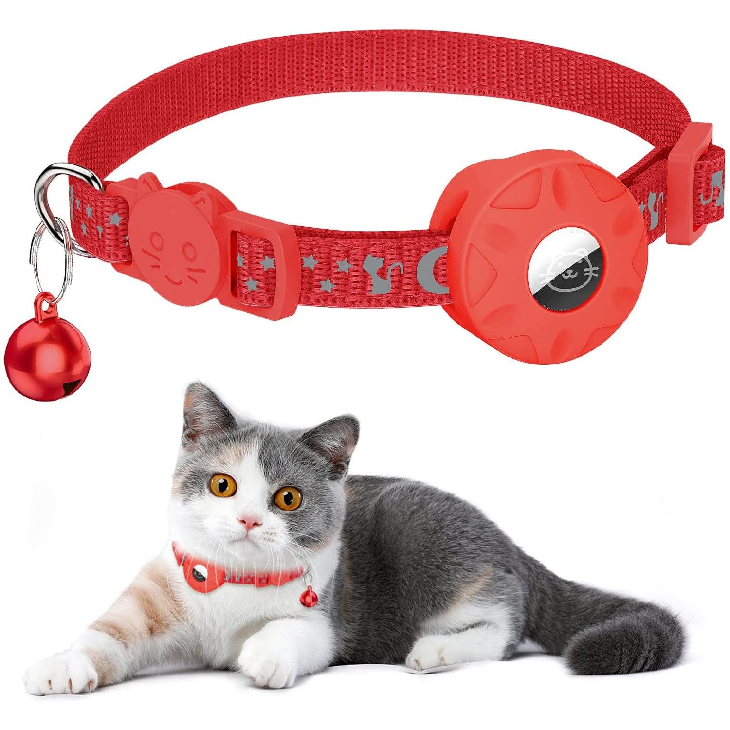 TUWENA Katzen-Halsband Airtag Katzenhalsband Reflektierendes mit Glocke, Sicherheitsschnalle, mit AirTag Halter und Glocke
