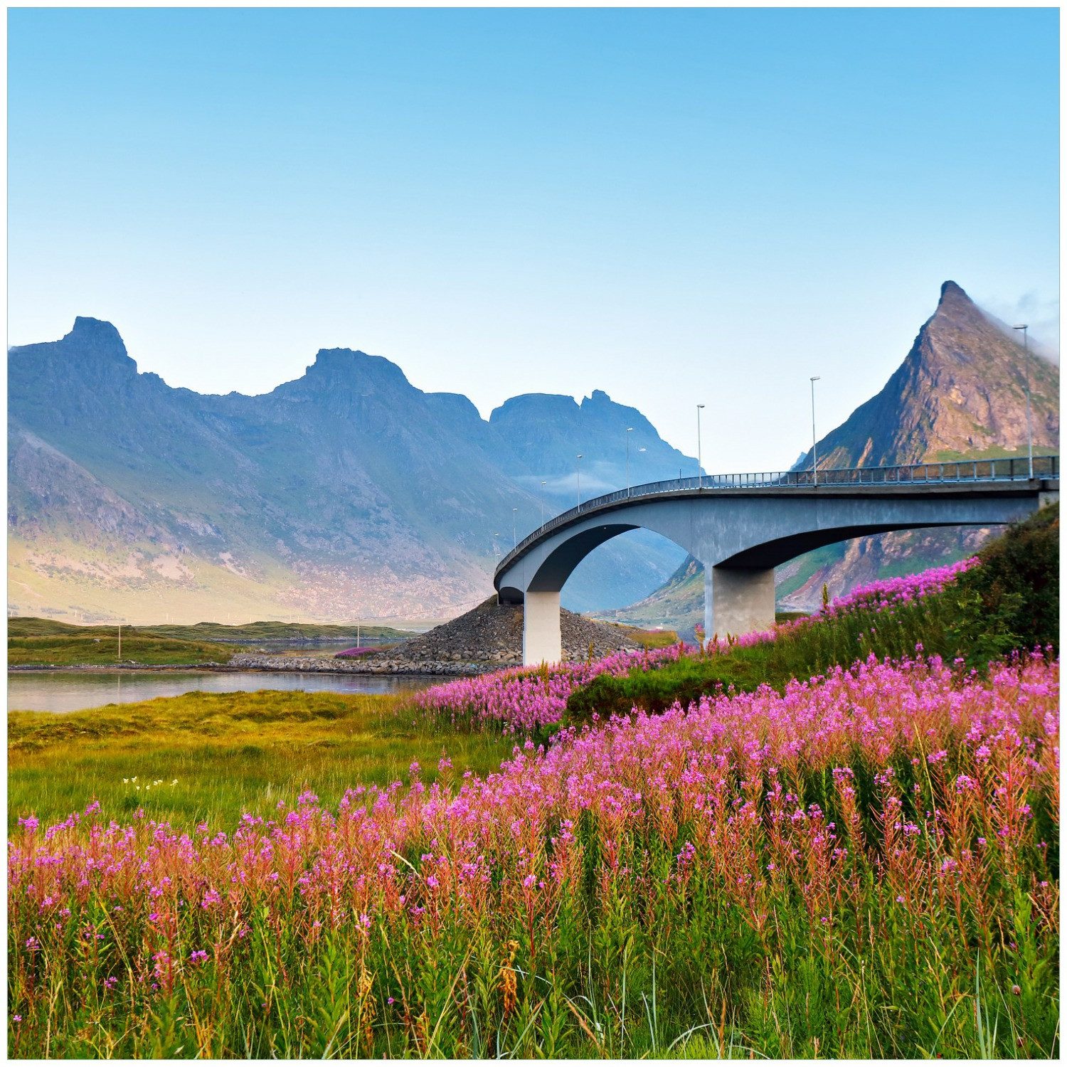 Wallario Möbelfolie Brücke zwischen Bergen und Blütenmeer