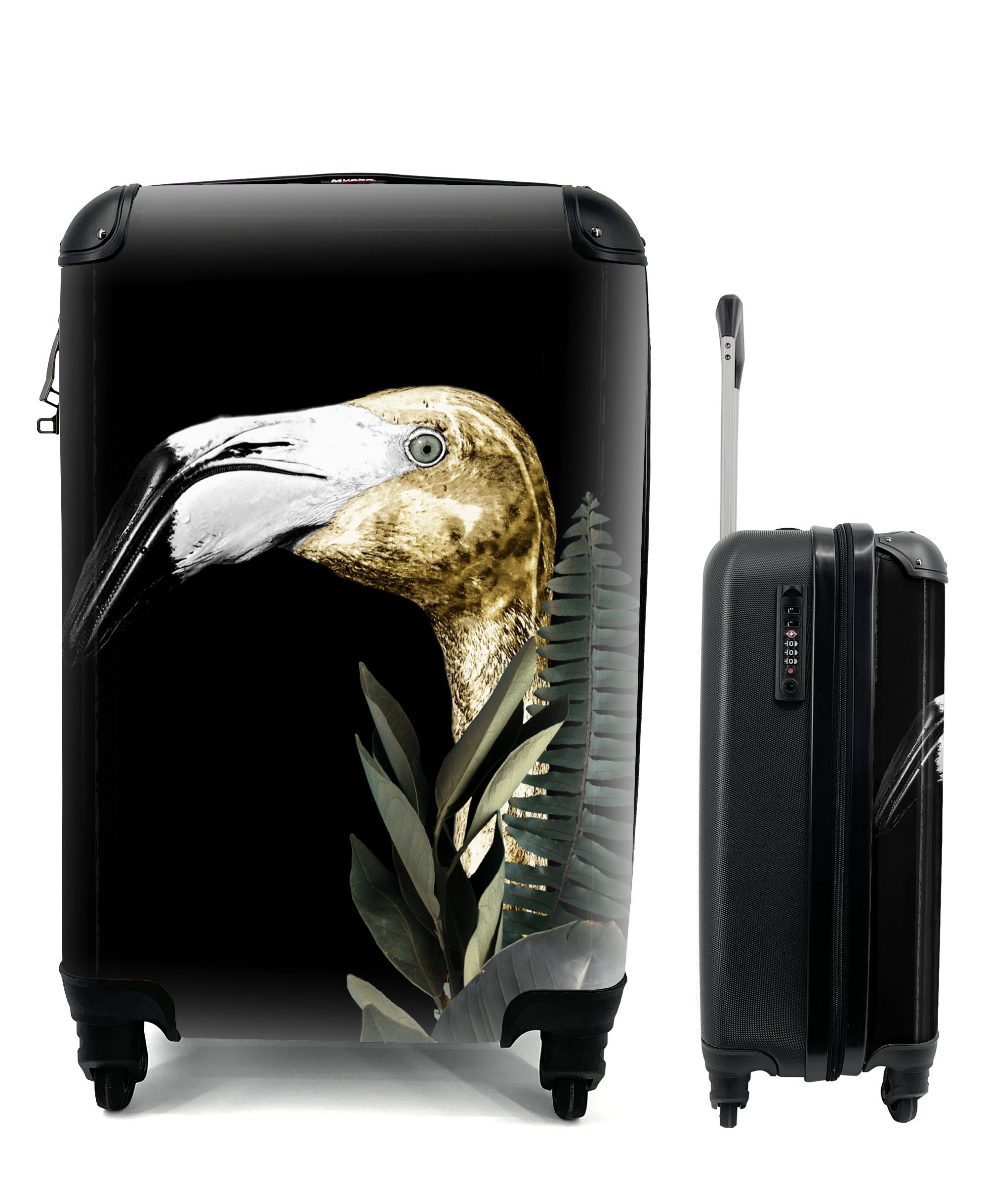 MuchoWow Handgepäckkoffer Flamingo - Gold - Schwarz, 4 Rollen, Reisetasche mit rollen, Handgepäck für Ferien, Trolley, Reisekoffer