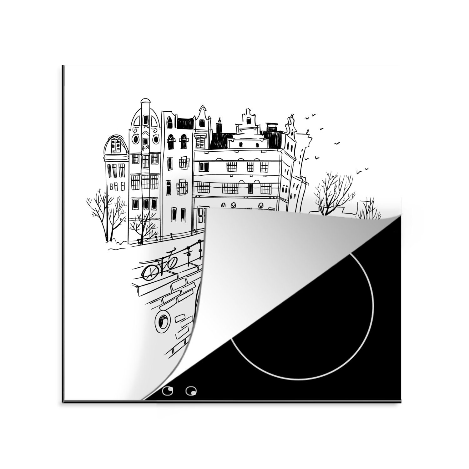 MuchoWow Herdblende-/Abdeckplatte Amsterdam - Skizze - Schwarz - Weiß, Vinyl, (1 tlg), 78x78 cm, Ceranfeldabdeckung, Arbeitsplatte für küche