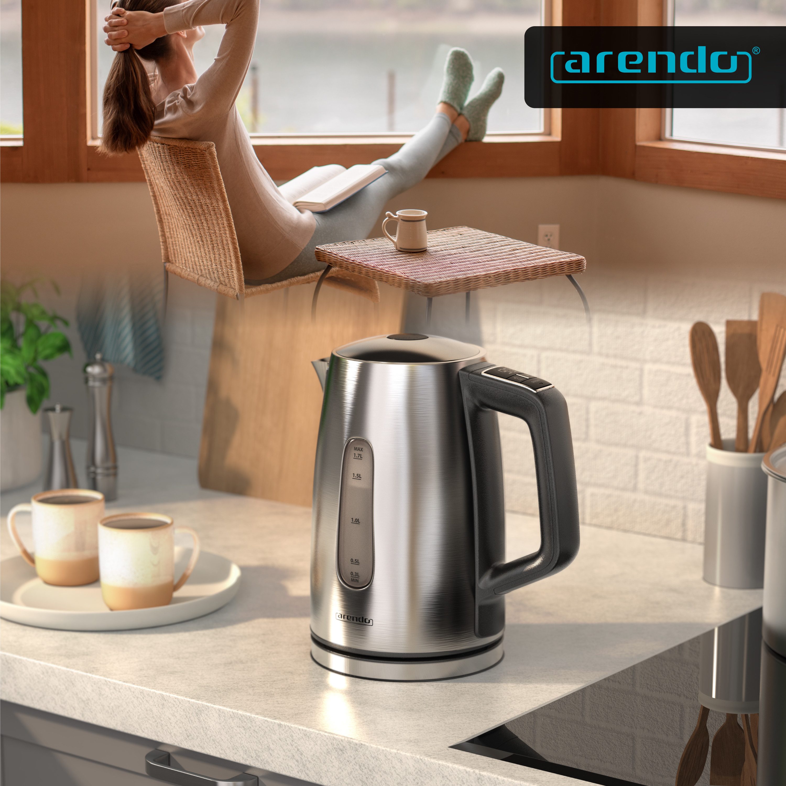 Arendo Wasserkocher Edelstahl, mit Temperatureinstellung, LED Display, Warmhaltefunktion, 1,7 l, 2200 W, Edelstahl, Temperaturwahl 35°C - 100°C, Sichtfenster für Wasserskala