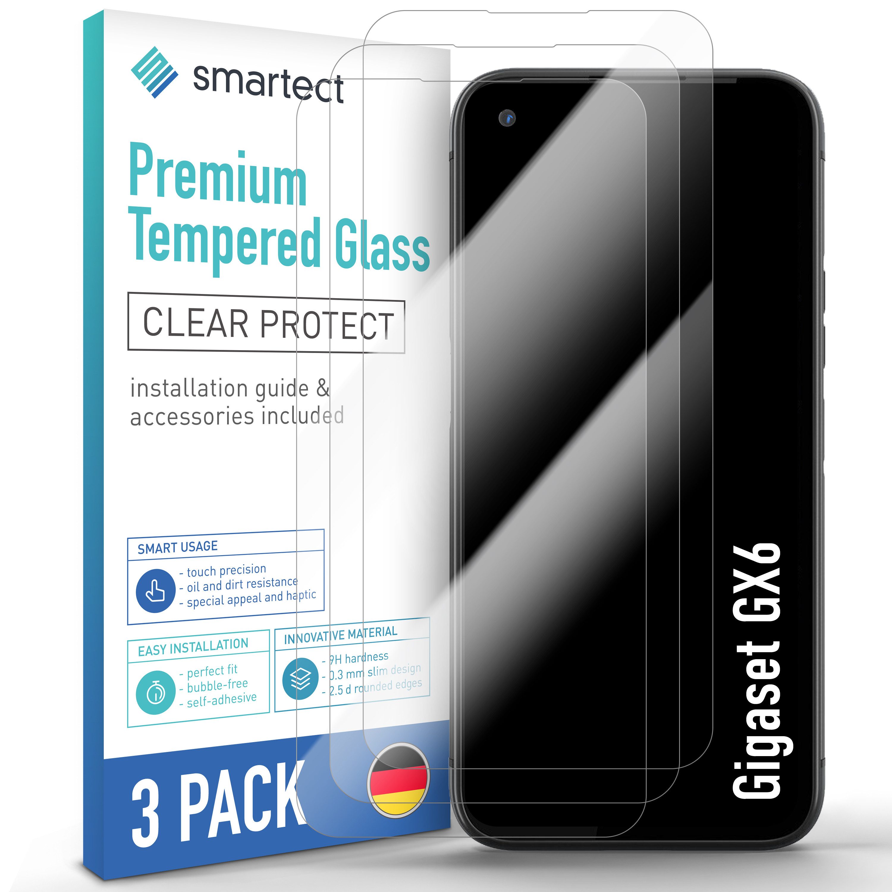 smartect Displayschutzglas Schutzglas Panzerfolie Klar für Gigaset GX6, Set, 3 Stück, Schutzfolie Glasschutz Bildschirm