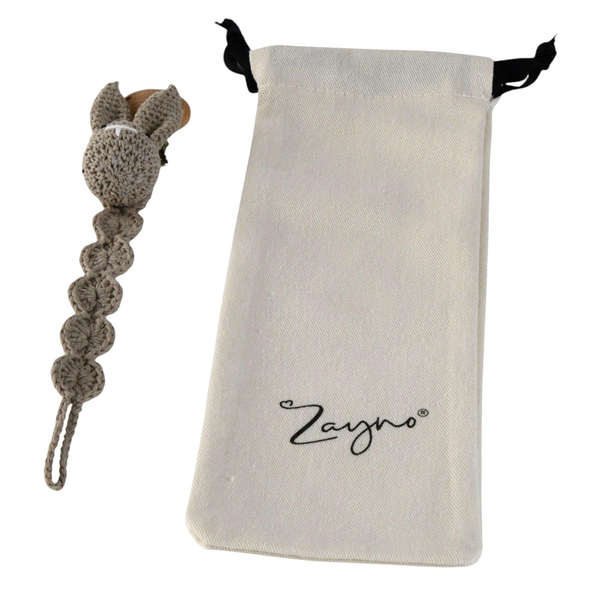 Zayno Schnullerbefestigung Handgemachte Schnullerkette "Hasi" in Grau, (Packung, 1-tlg., Ermuntert, den Schnuller eigenständig zu greifen), Beeindruckt mit einem zeitlosen Design