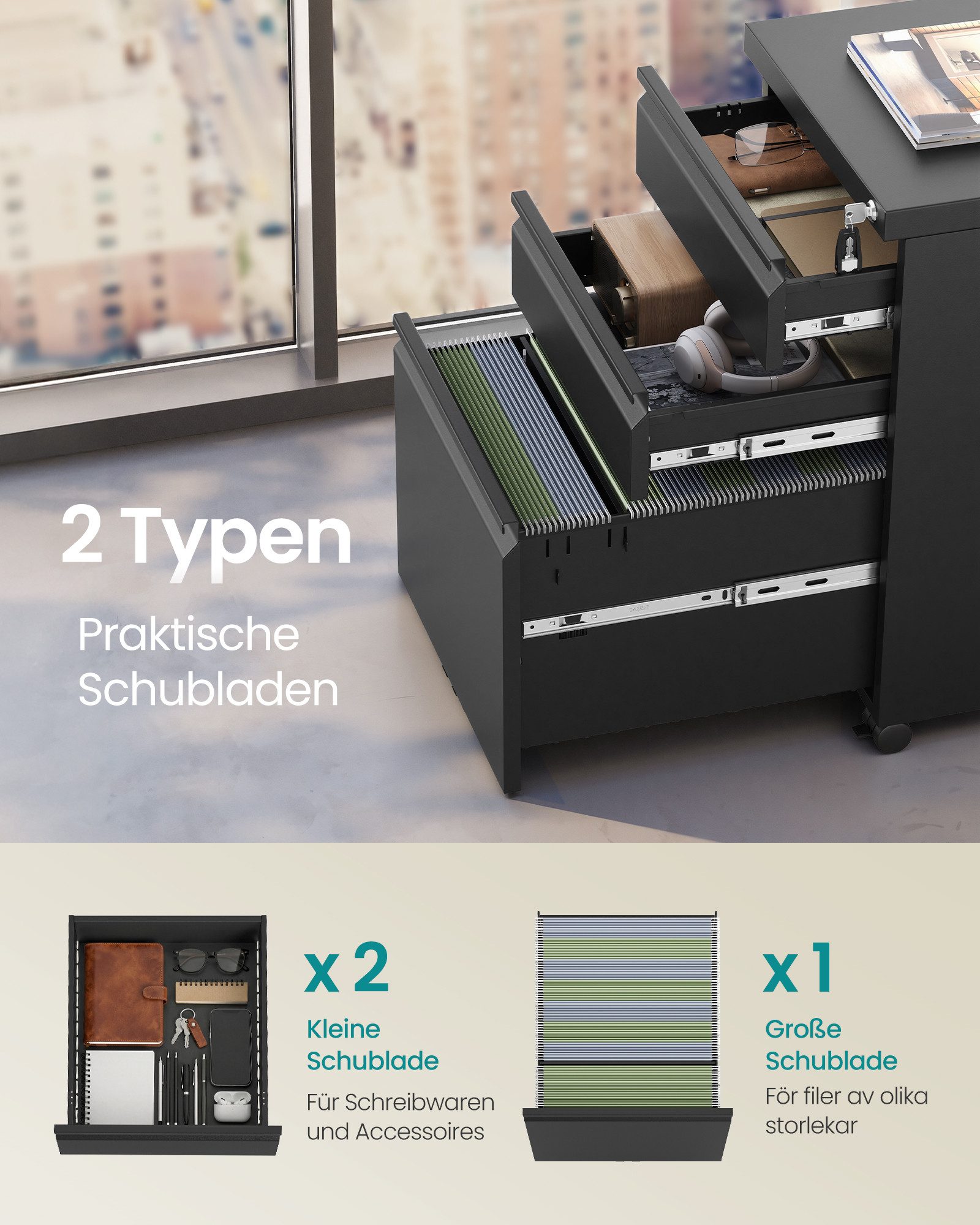SONGMICS Rollcontainer Aktenschrank abschließbar mit 3 Schubladen, 39 x 50 x 62 cm, für Homeoffice, Büro, Metallschrank, Druckerständer – Bild 4 von 5