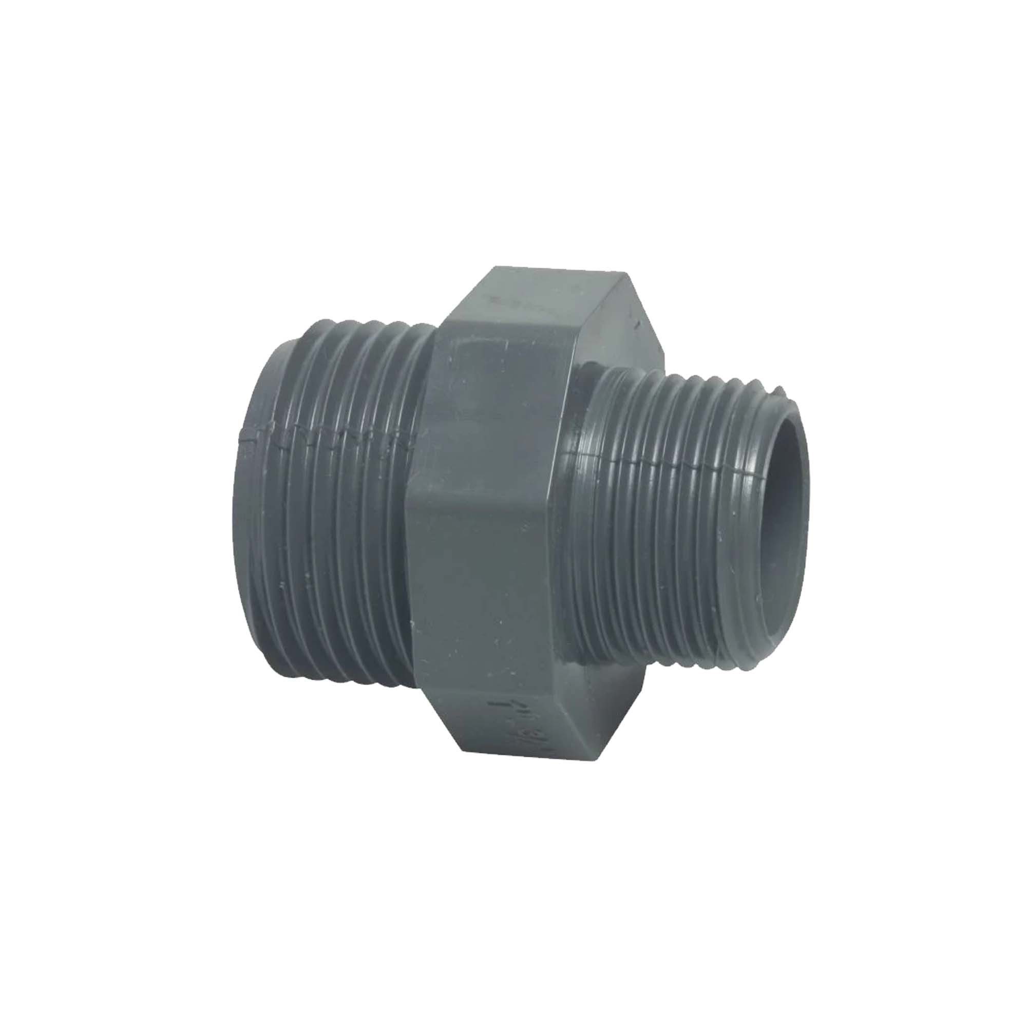 Profec Gewindefitting Doppelnippel reduziert, PVC-U, AG x AG - 10 bar, grau, 1 1/4 Zoll AG x 1 Zoll AG