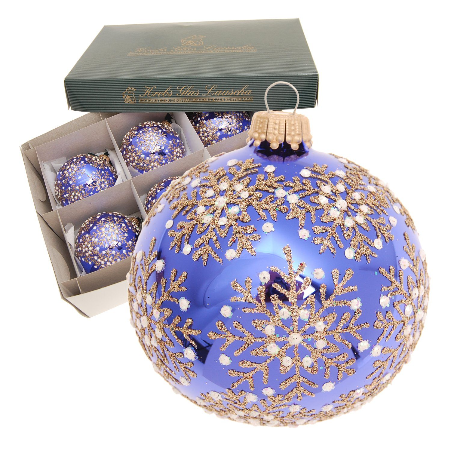 Krebs Glas Lauscha Christbaumschmuck Royalblau glanz 8cm Glaskugel mit Schneeflocken gold/weiß