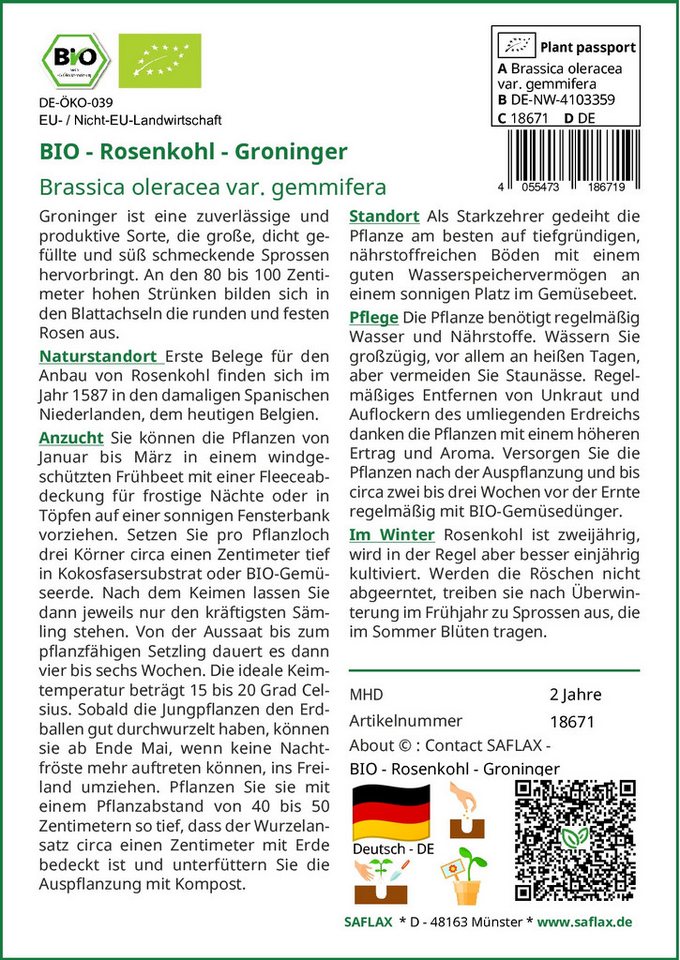 Thumbnail - SAFLAX Gemüsesamen SAFLAX - Samen - BIO - Rosenkohl - Groninger