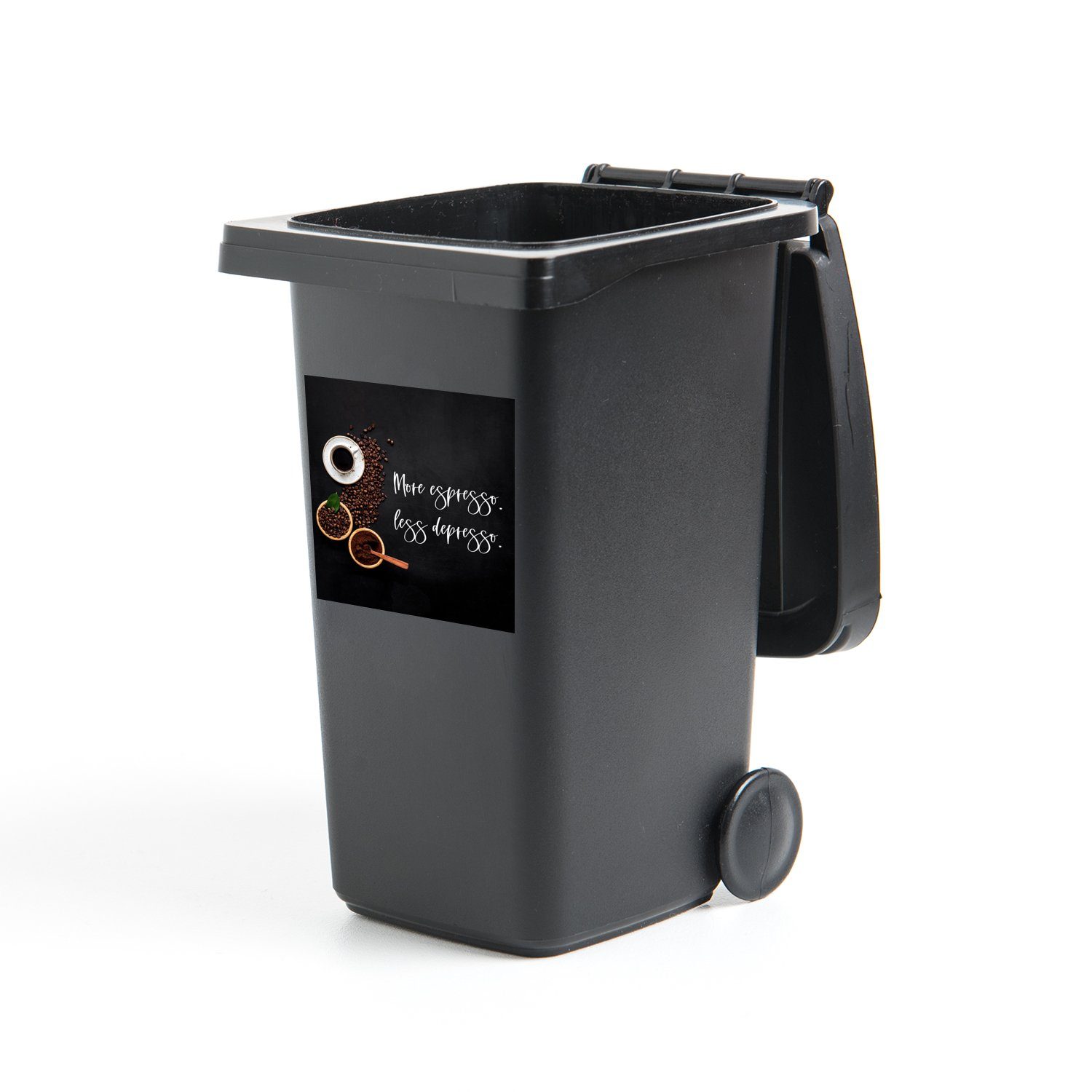 MuchoWow Wandsticker Kaffee Container, (1 Zitate Depresso - Sprichwörter Abfalbehälter Mülltonne, Espresso Mehr St), Mülleimer-aufkleber, - - weniger Sticker